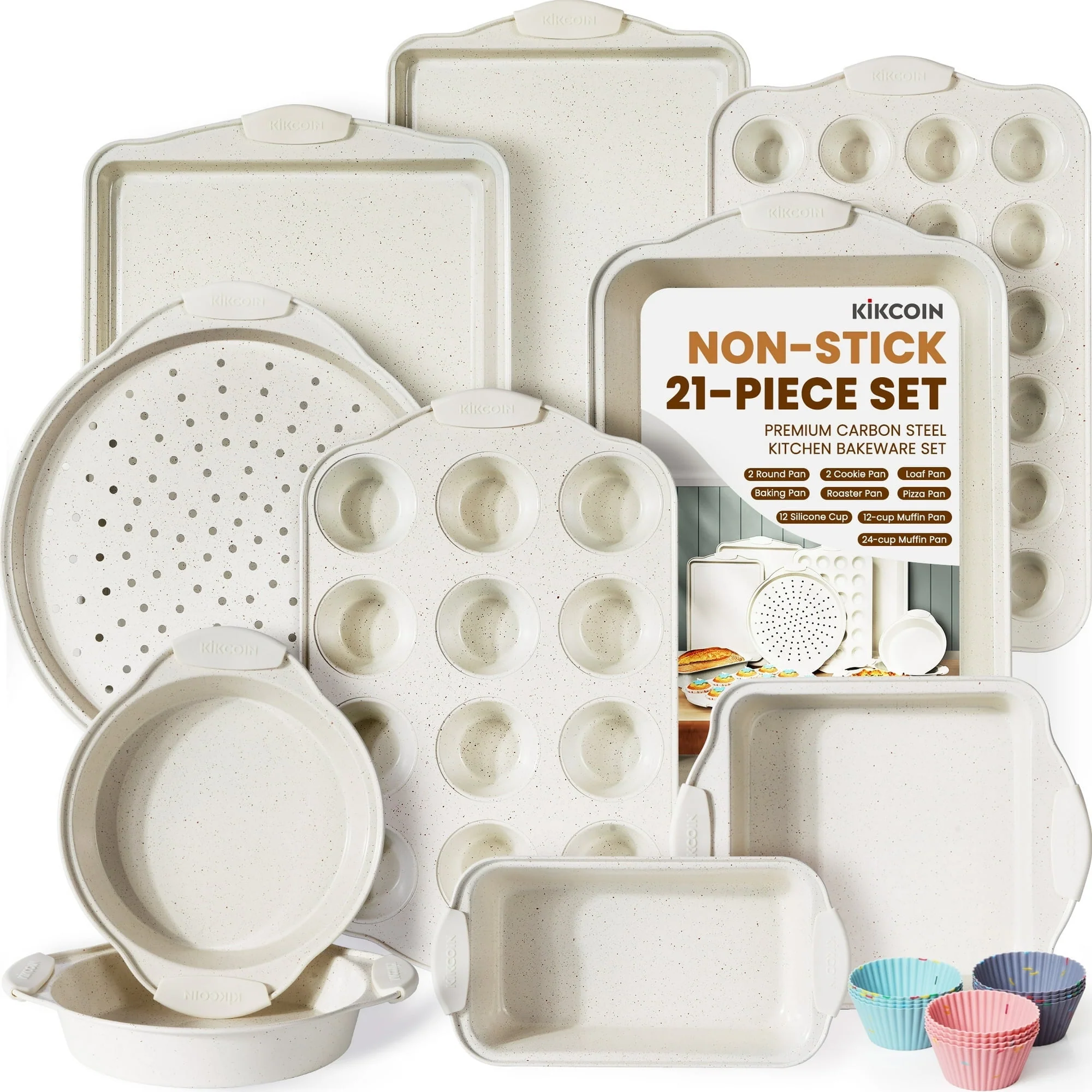 Kikcoin Bakeware Set, 21-Piece Carbon Steel Nonstick Baking Pans with Removable Silicone Handles, Beige