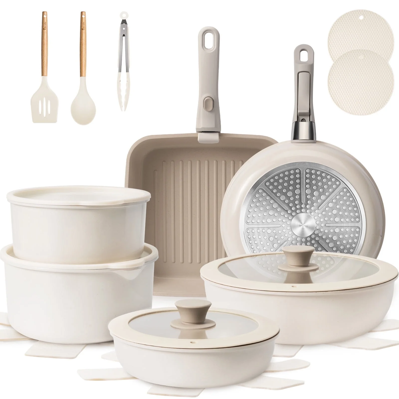 Kikcoin KCWS02BE06D22 22-Piece Non-Toxic Nonstick Cookware Set with Detachable Handles, Dishwasher Safe (Beige)