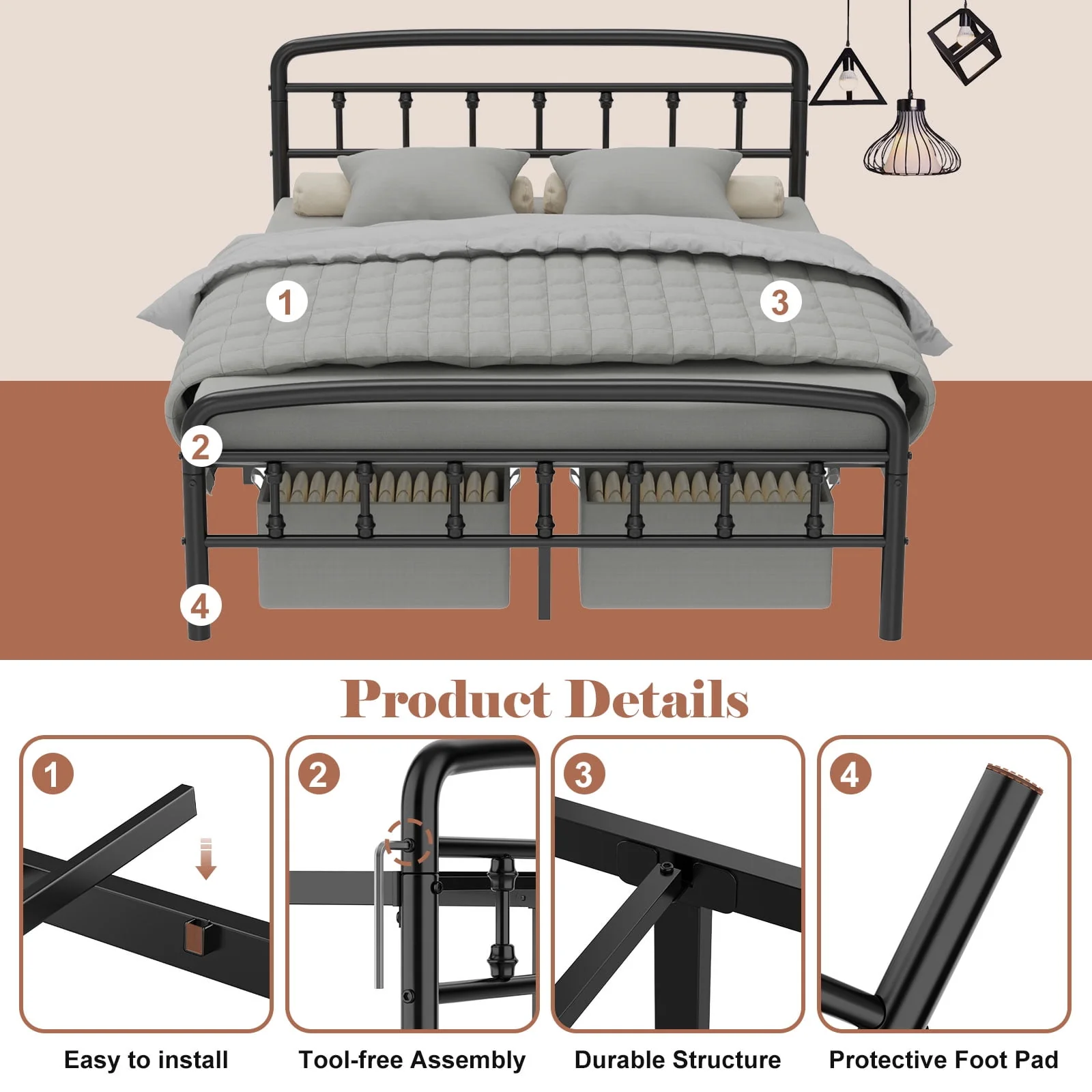 Kinsfook Metal Full Size Bed Frame, Victorian Style Headboard and Footboard, Black - Image 6