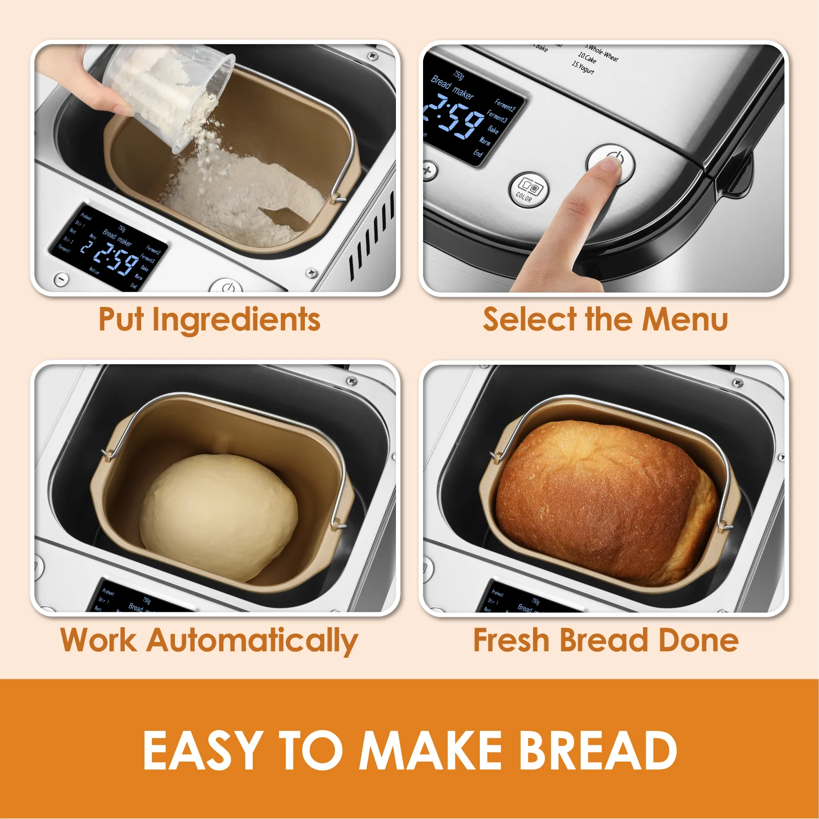 Kitchen In The Box BM01 15-in-1 2LB Stainless Steel Automatic Bread Maker With Recipes, Silver - Image 3