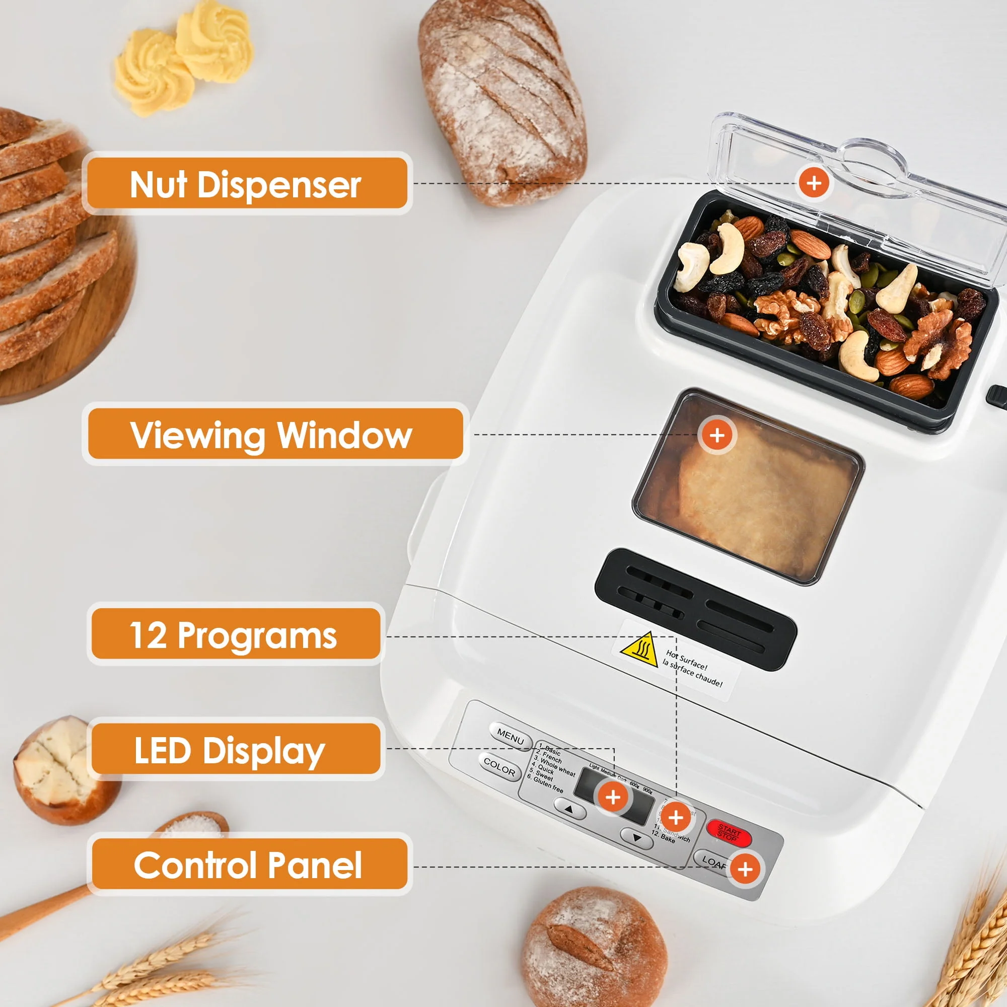 Kitchen In The Box Bread Maker, 2lb Capacity, 12-in-1 Gluten-Free Programs, Auto Fruit Nut Dispenser, 13-Hour Delay Timer, Nonstick Pan, Keep Warm, Pink KBM18 - Image 6