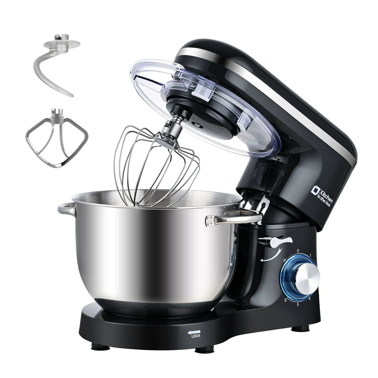 Kitchen in the Box KSM60 Tilt-Head Stand Mixer, 6.5QT Stainless Steel Bowl, 660W Motor, 6-Speed with Pulse, Black