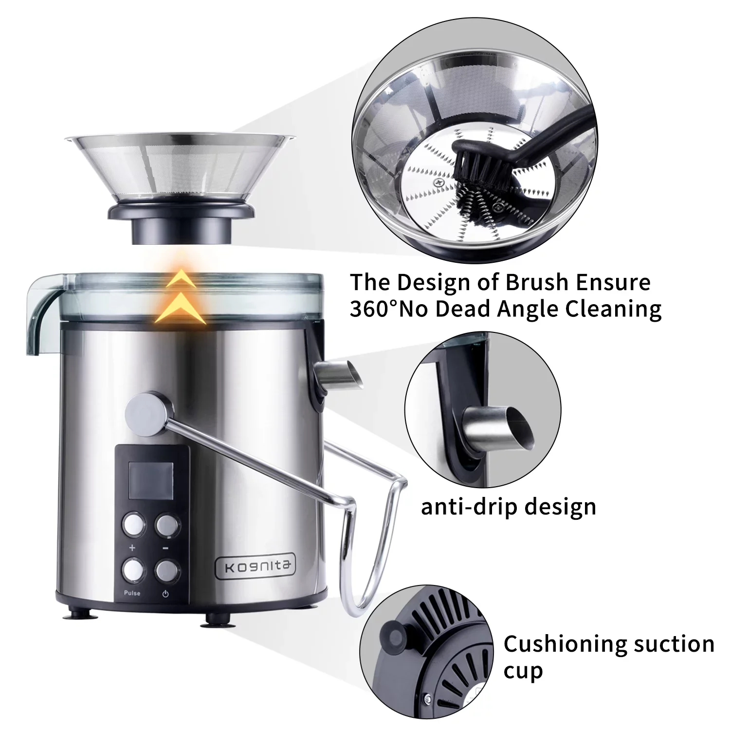 Kognita KP332E Juicer Machines LCD Monitor 1100W Centrifugal Juicer with 3'' Big Mouth Feed Chute, Anti-drip, Tainless-steel Filter Easy Clean Included Brush, Black+Silver - Image 2