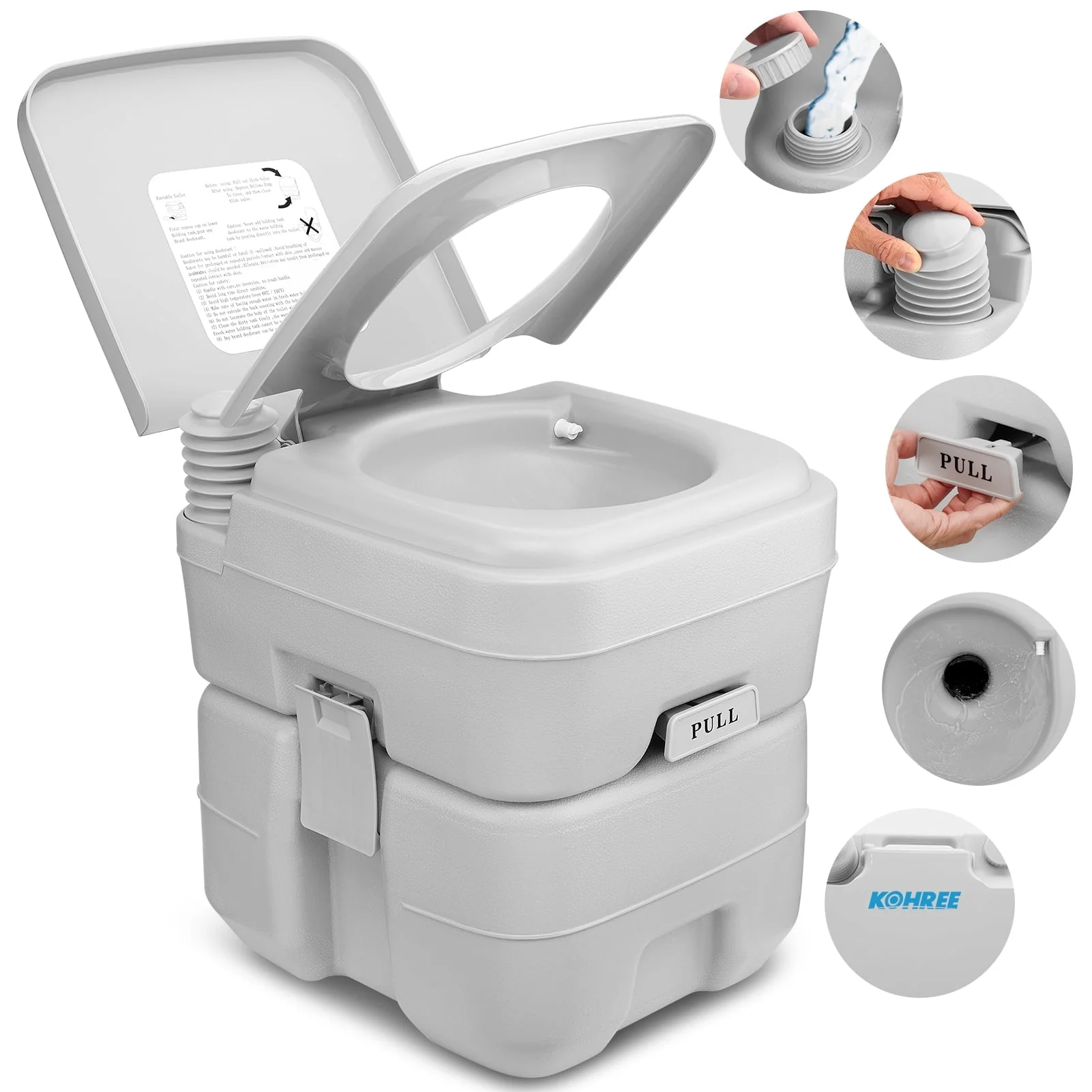 Kohree Portable Toilet, 6.3 Gal Large Capacity, Detachable Waste Tank, Odor-Lock, Full-Sized Seat, Gray, KR3128-WR