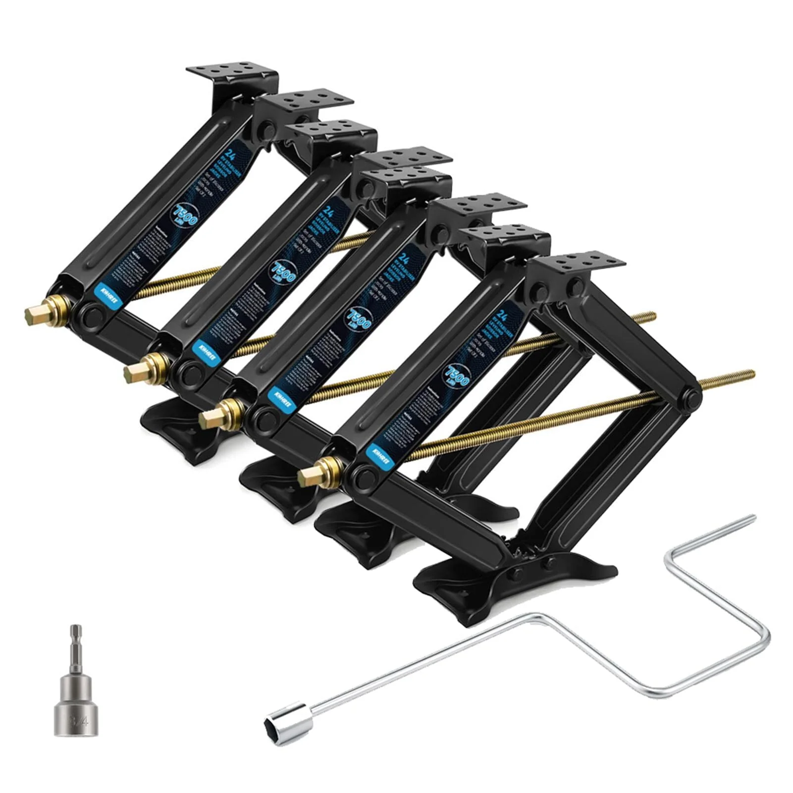 Kohree RV Trailer Stabilizer Leveling Scissor Jacks, 24in Adjustable Height, 7500lbs Capacity, Alloy Steel, Set of 4, Black, Includes Crank Handle and Drill Bit, KR1221-WK