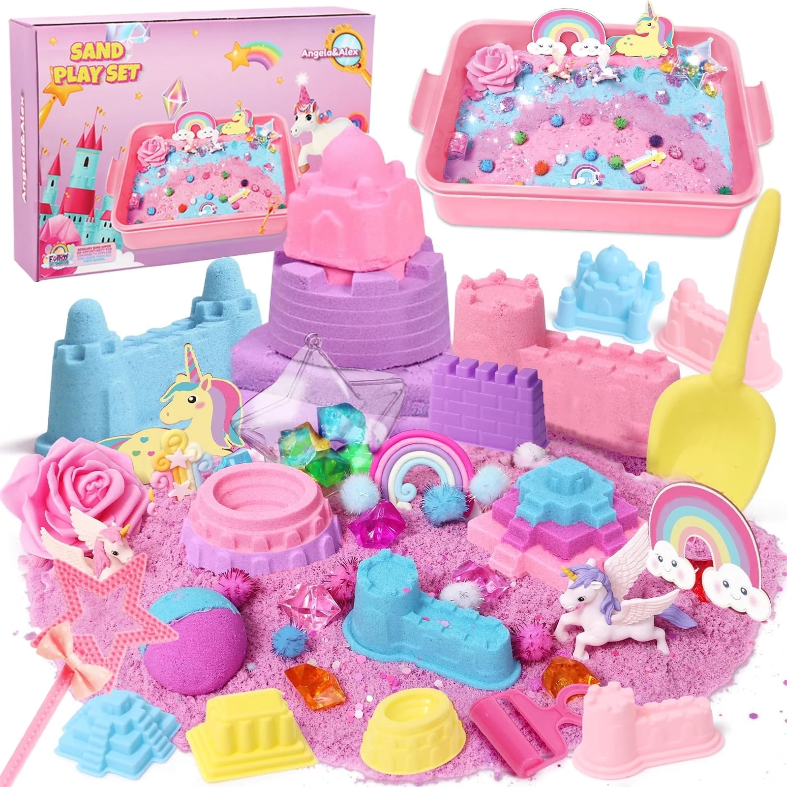 KSREFINE KiddiTouch Sensory Bin Play Sand Kit with Non-Sticky Moldable Sand, Blue Pink Purple