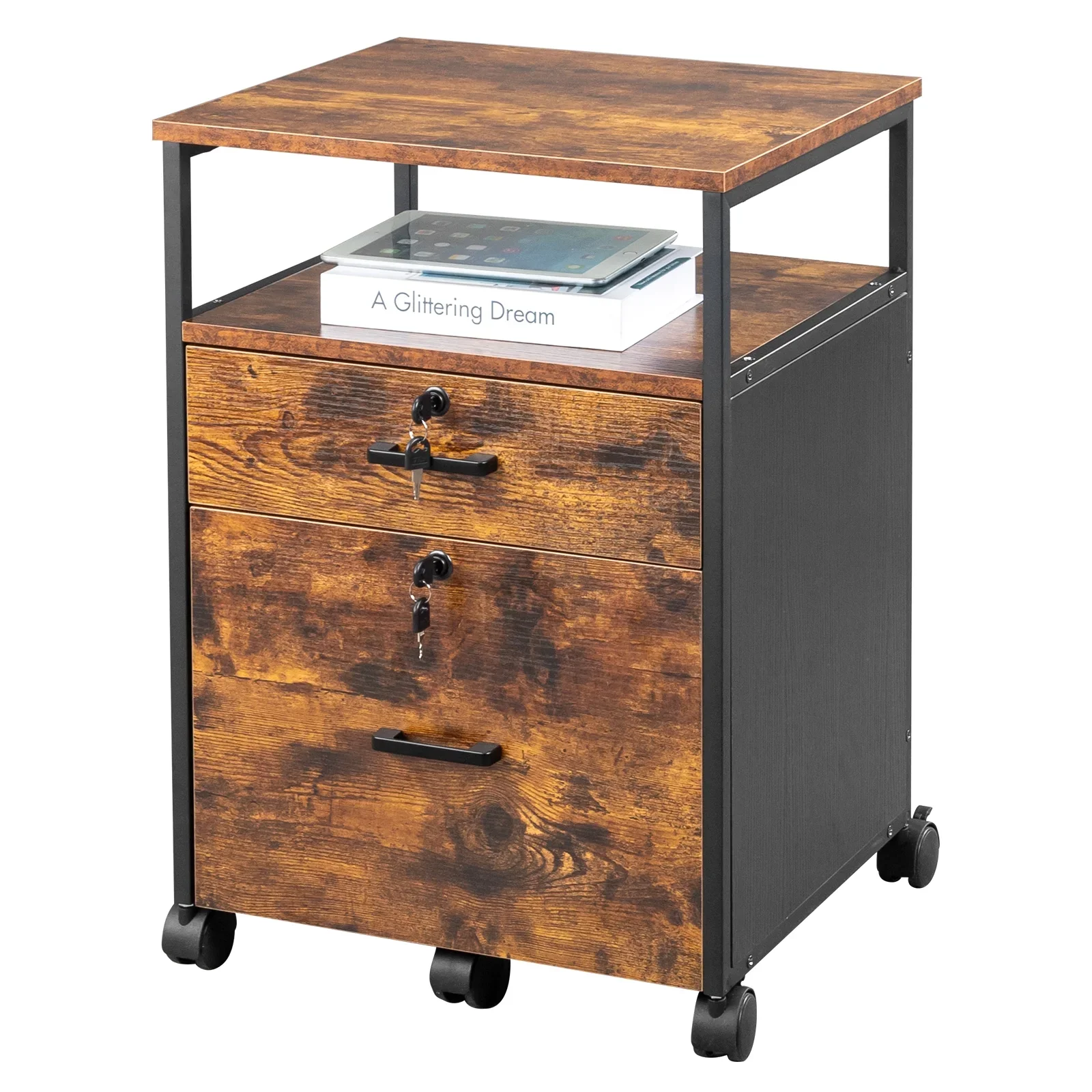 Ktaxon 2-Drawer Rolling Wood File Cabinet with Lock and Shelf, Rustic Brown - Image 2