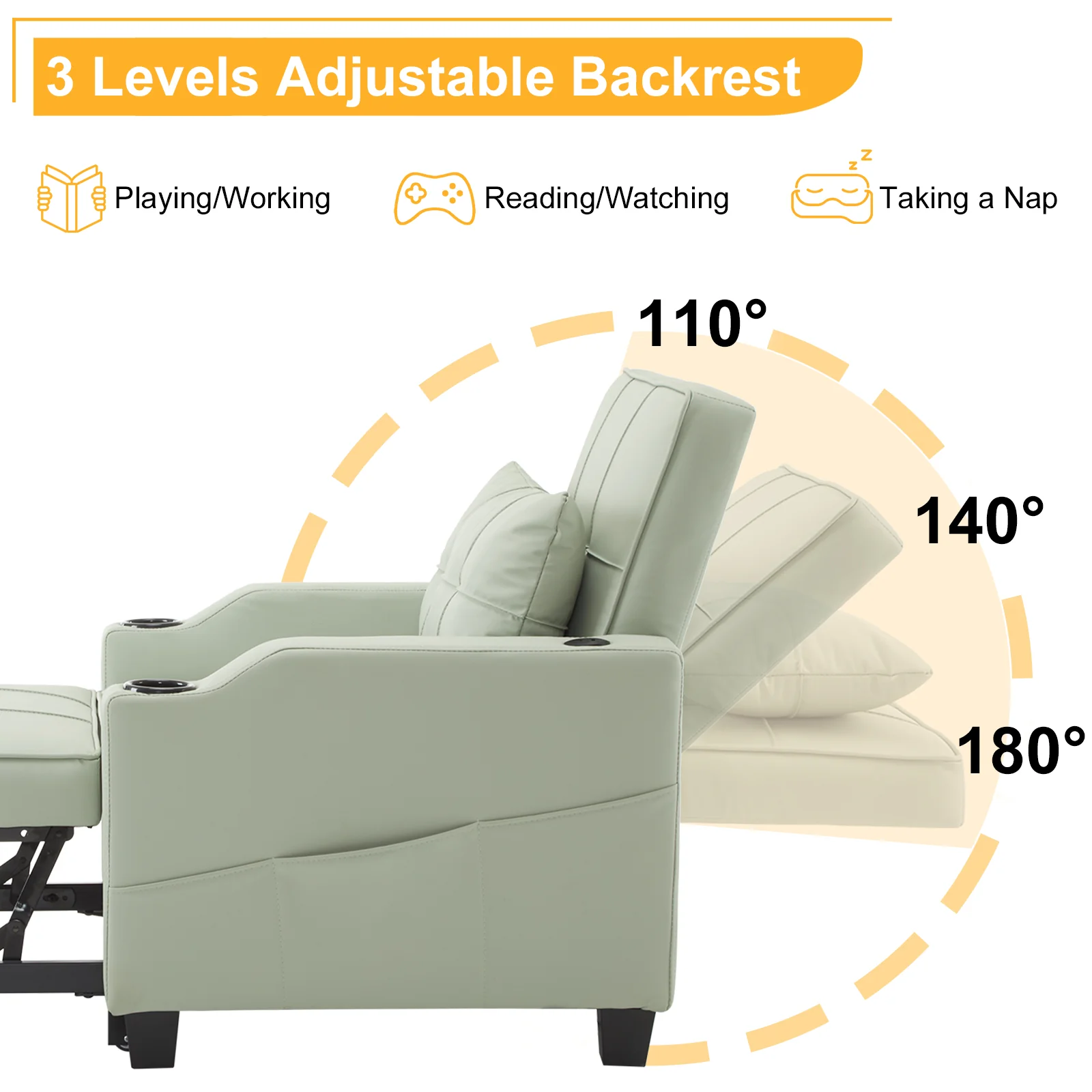 Ktaxon 3-in-1 Single Sofa Bed Convertible Sleeper Chair with Lumbar Pillow for Home Light Green - Image 3