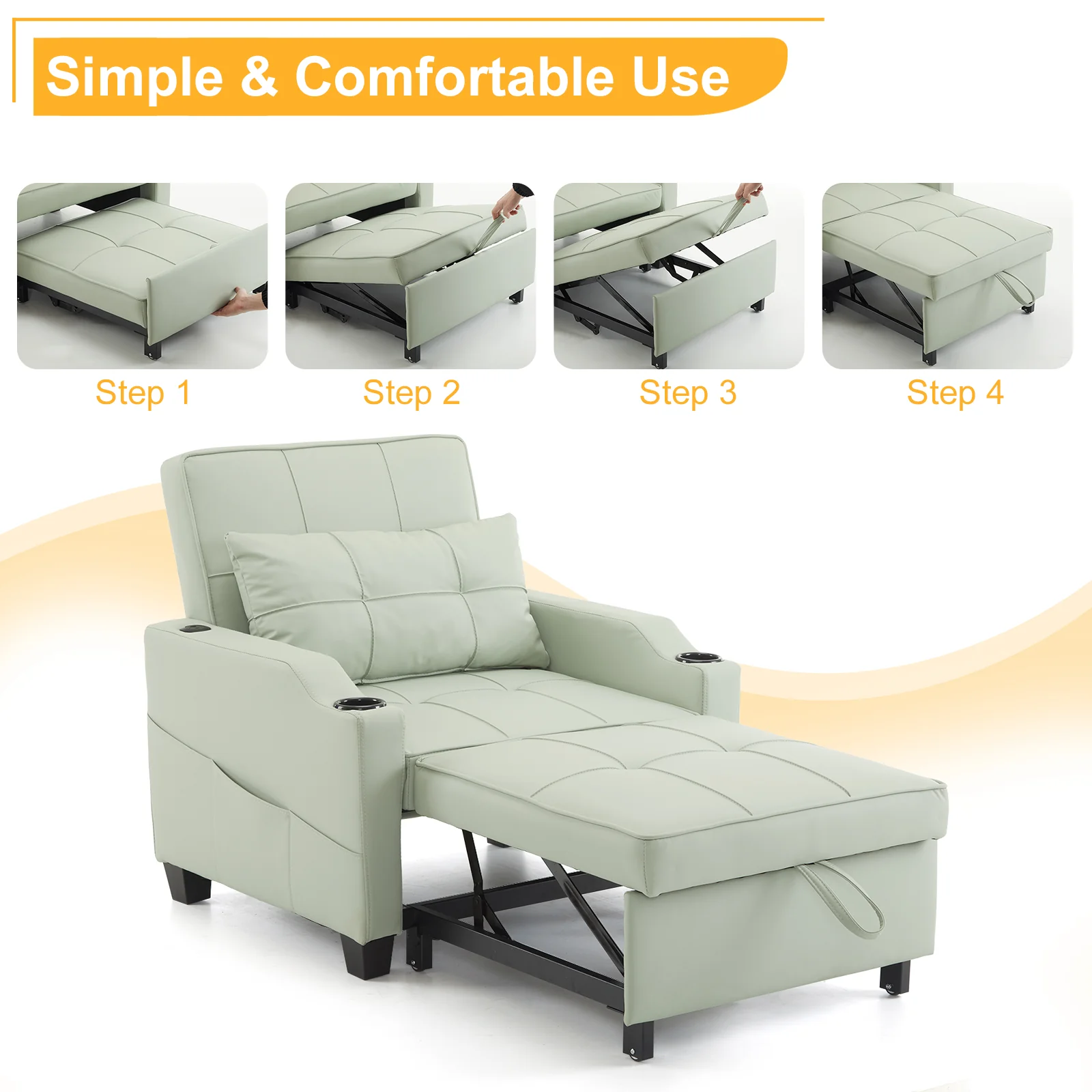 Ktaxon 3-in-1 Single Sofa Bed Convertible Sleeper Chair with Lumbar Pillow for Home Light Green - Image 7