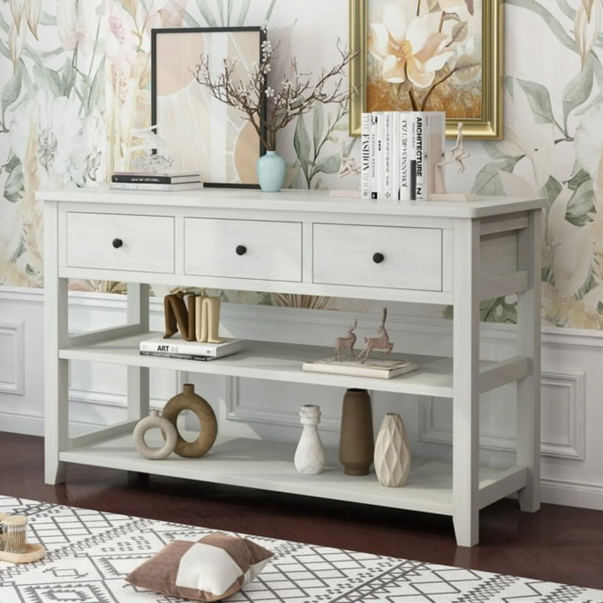 Ktaxon 3-Tier Wood Console Table with 3 Drawers and Shelves, White - Durable - Image 2
