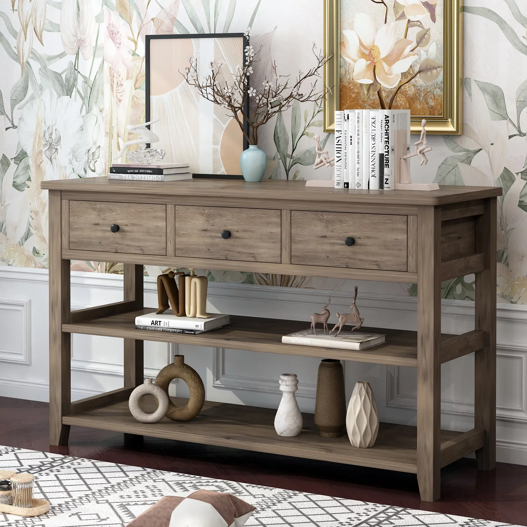 Ktaxon 3-Tier Wood Console Table with 3 Drawers, Retro Gray - Image 2