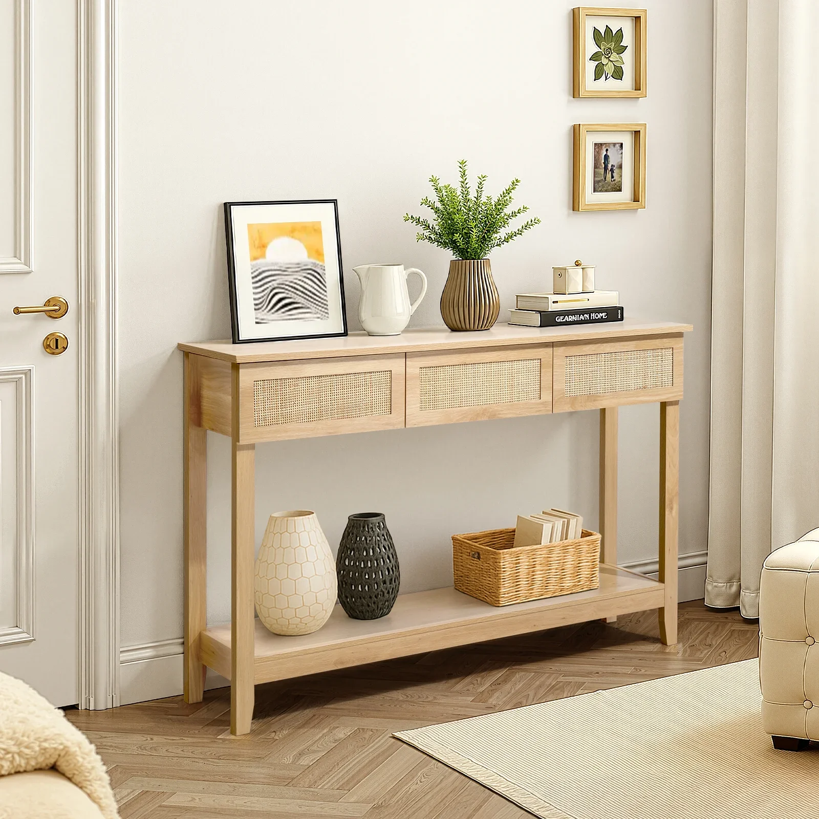 Ktaxon 51 in Modern Rattan Entryway Table with Storage Shelf and 3 Drawers, Natural Finish - Image 3