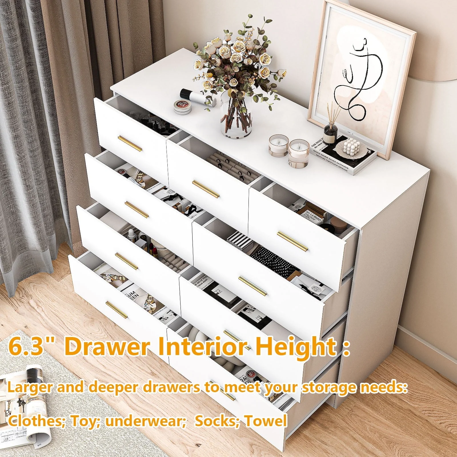 Ktaxon 9 Drawer Double Dresser with Built-in Mirror, Durable P2 Wood, White, 55.1 in - Image 3