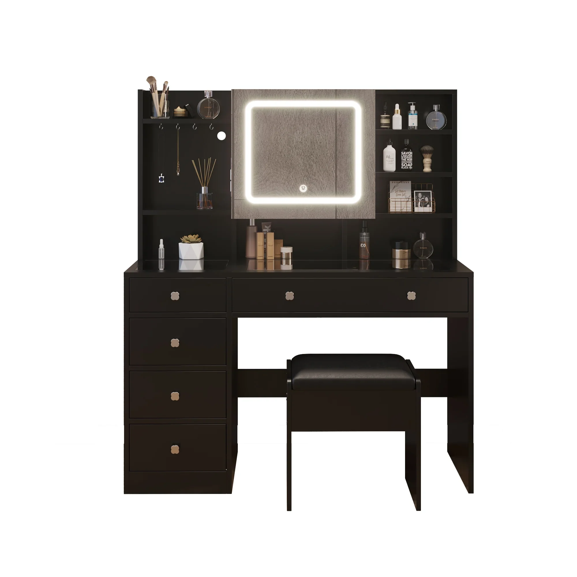 Ktaxon Color Lights Drawers Charging Station Vanity Desk Table Set, Black - Unique Design - Image 3