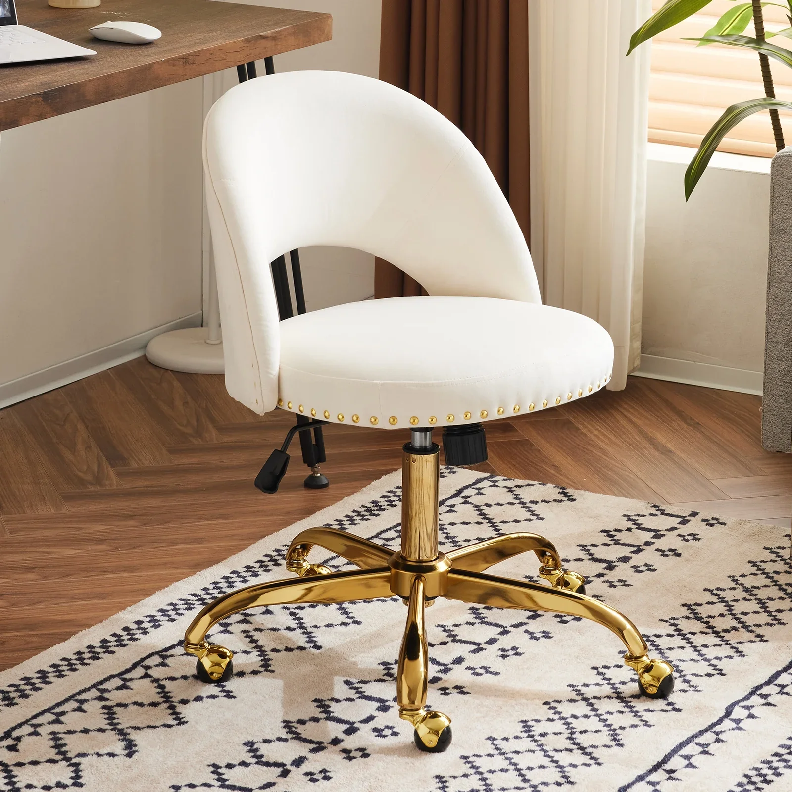 Ktaxon Desk Chair Adjustable Flannel Computer Task Chair Small Rolling Vanity Stool with Wheels White - Image 3
