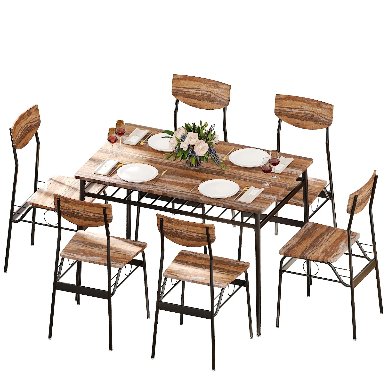 Ktaxon Dining Table Set with Storage Racks, Natural Wood-Style, 6 Ergonomic Chairs, Modern Design