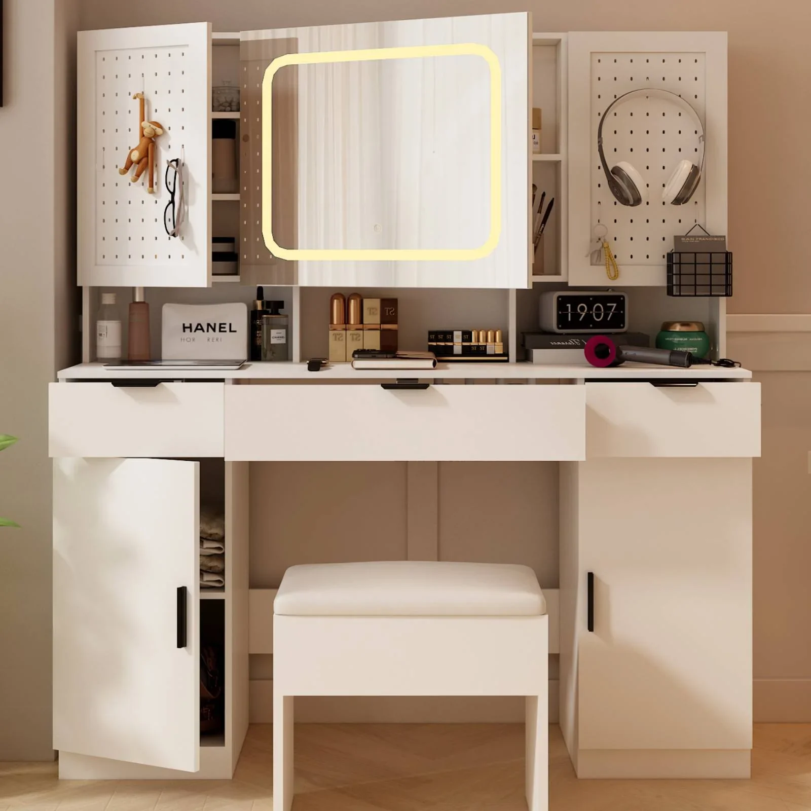 Ktaxon Large 47.24" Lighted Makeup Vanity Table Set with DIY Pegboard Design, White - Image 2