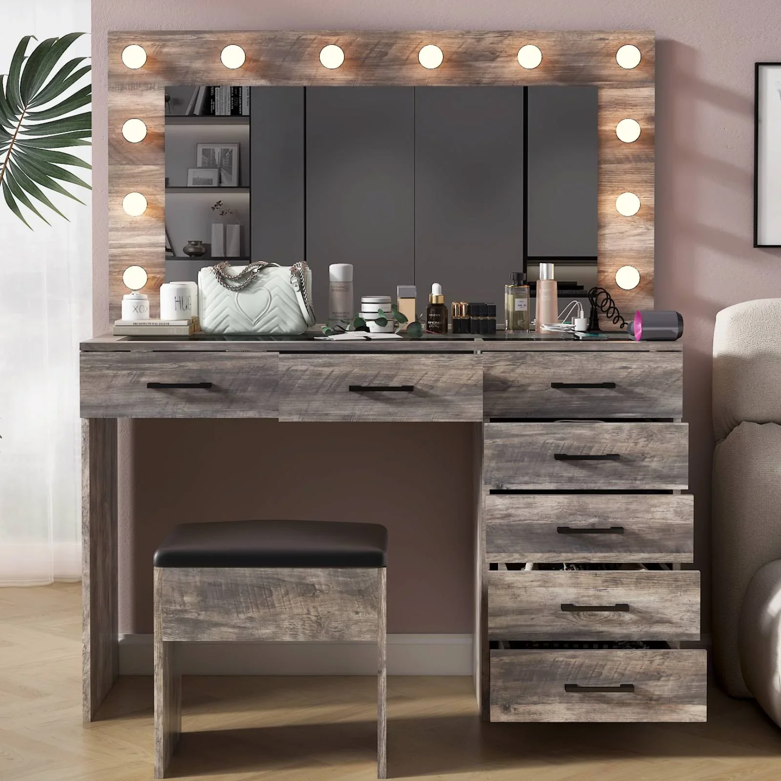 Ktaxon Large Makeup Vanity Table Set w/ Visible Glass Top w/ Charging Station, Gray - Image 3