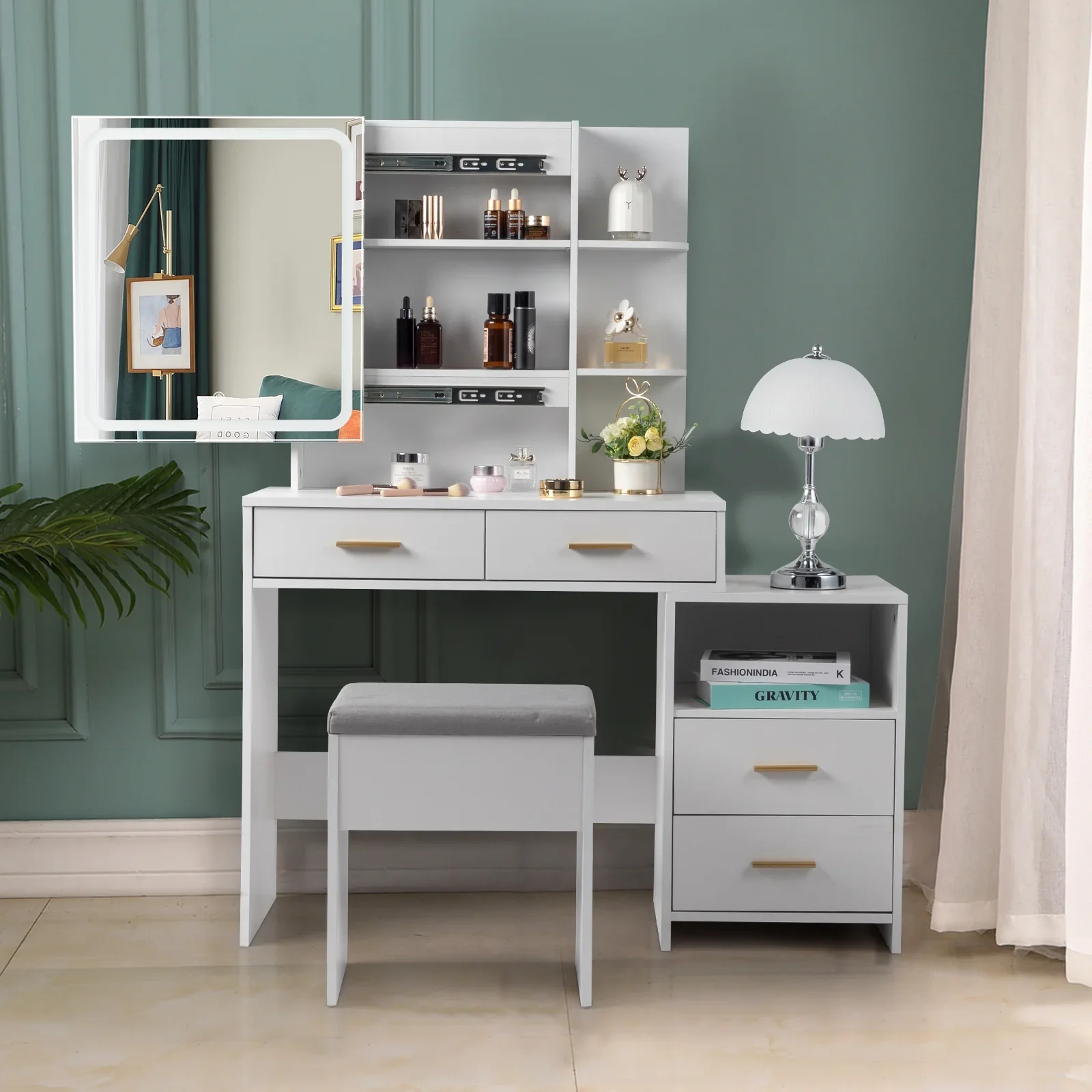 Ktaxon Lighted Makeup Vanity Table Set, White-4 Drawer - Image 3