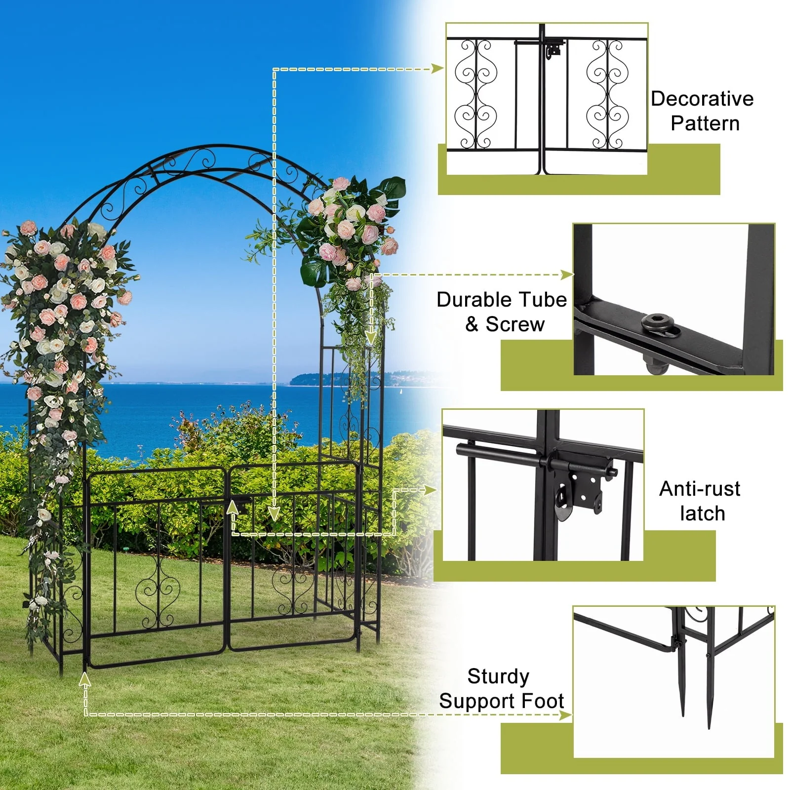 Ktaxon Metal Garden Arch 7Ft Garden Trellis Arch Arbor Outdoor Wedding, Black - Image 2