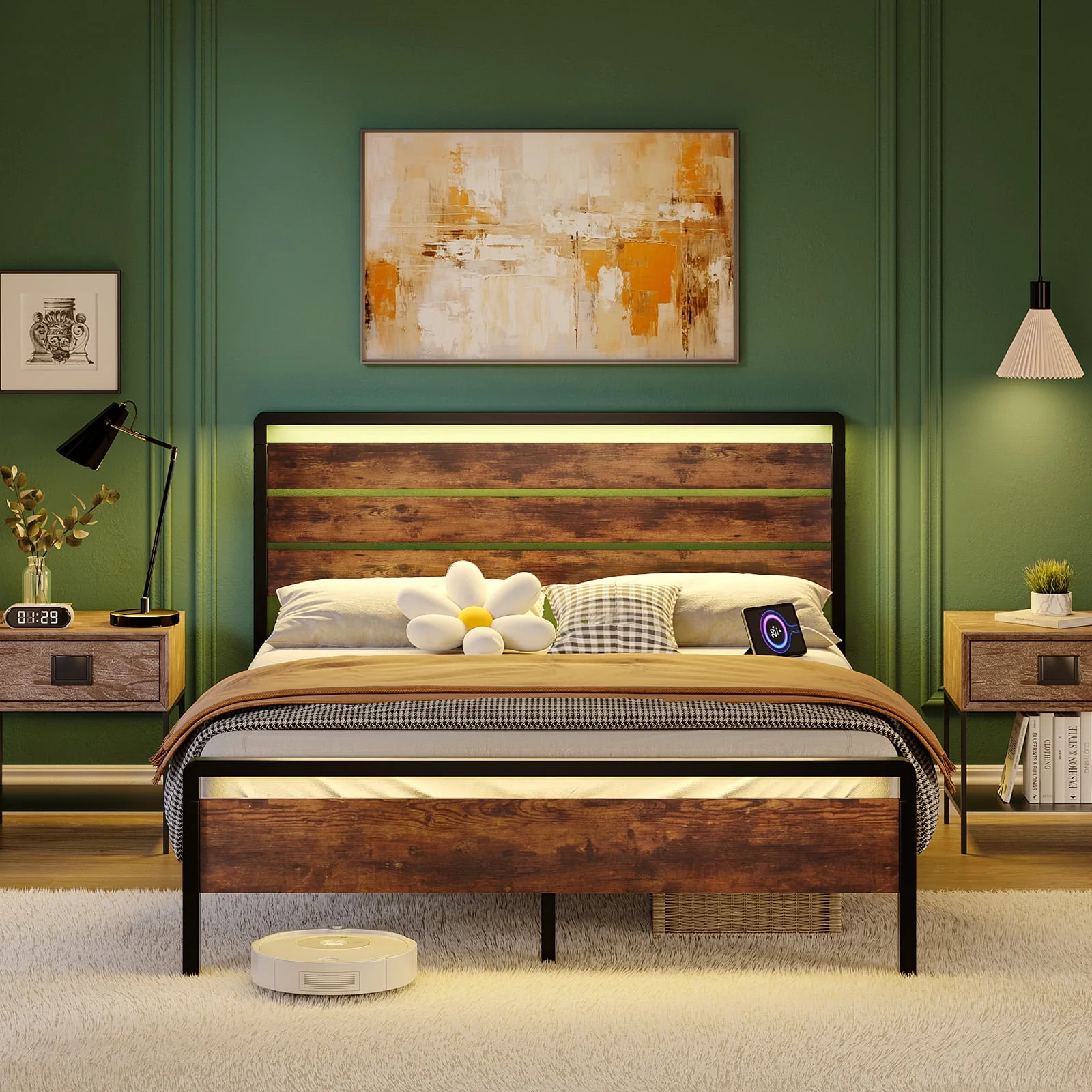 Ktaxon Queen Size Bed Frame w/LED Headboard & Footboard, Metal Platform Bed w/Charging Station, Rustic Brown