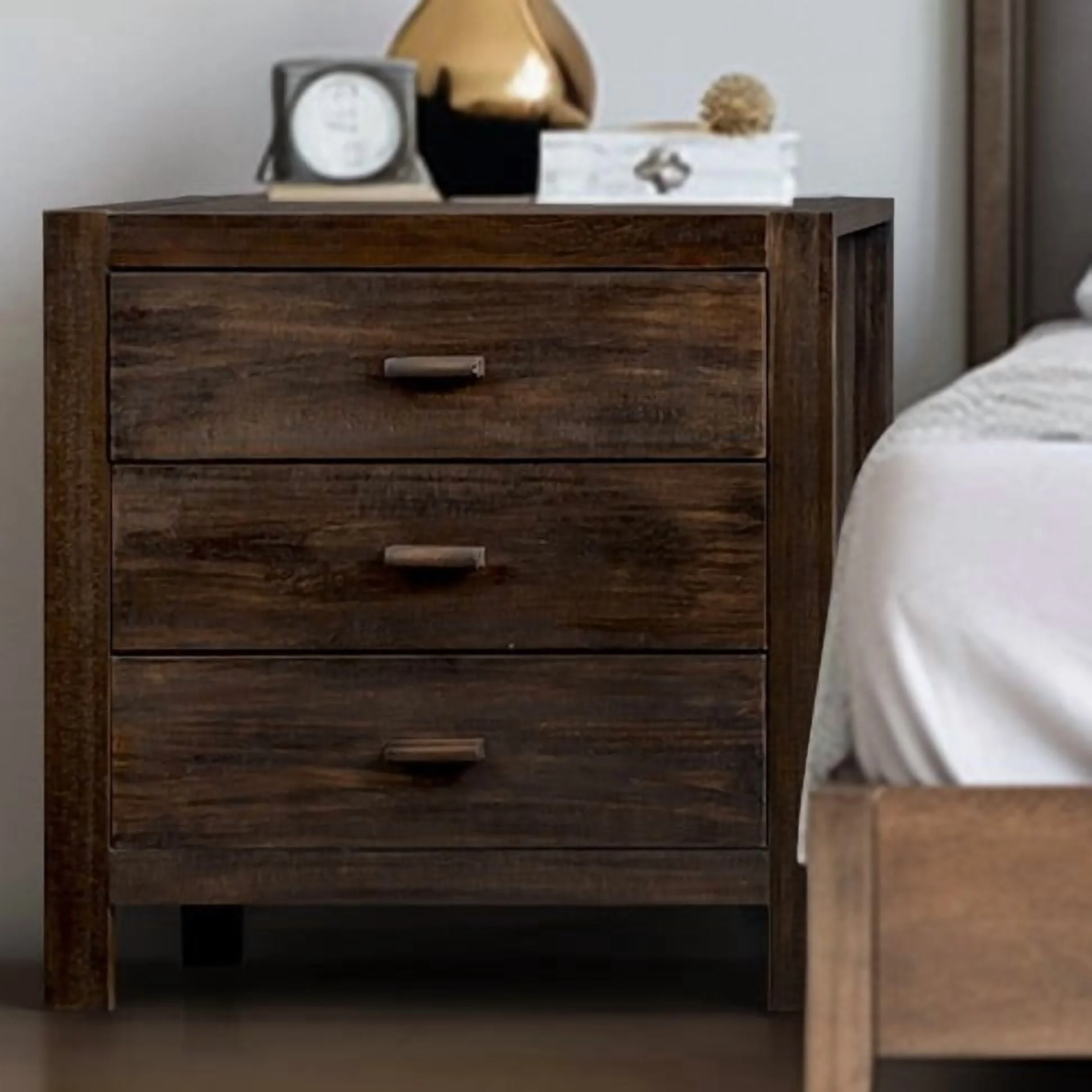 Ktaxon Solid Wood Nightstand with 3 Drawers, Integrated USB Ports and Power Outlets, Traditional Cottage Style, Brown, 24 in