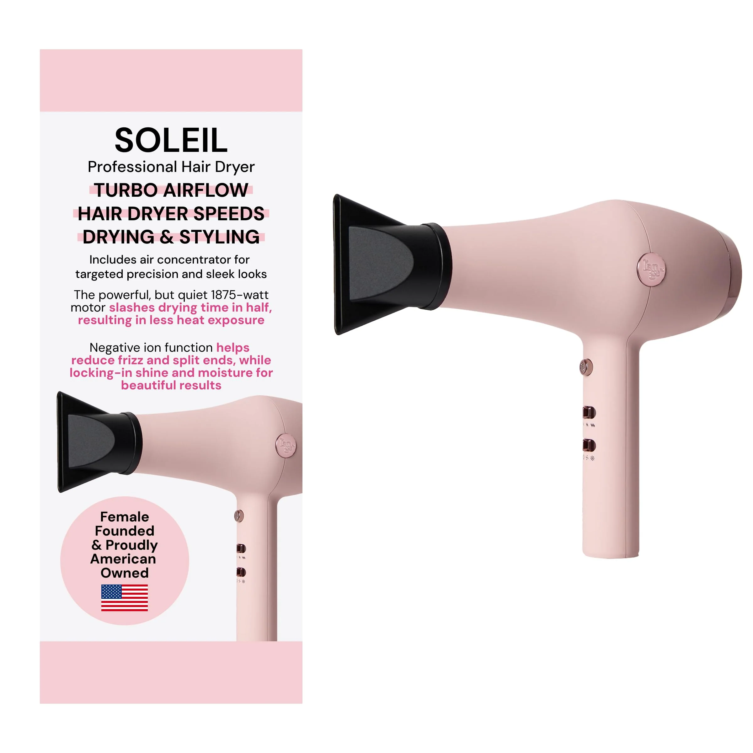 L'ange Hair Soleil Professional Hair Dryer, 1875W, 3 Heat Settings, 2 Airflow Speeds, Negative Ion Technology, Blush