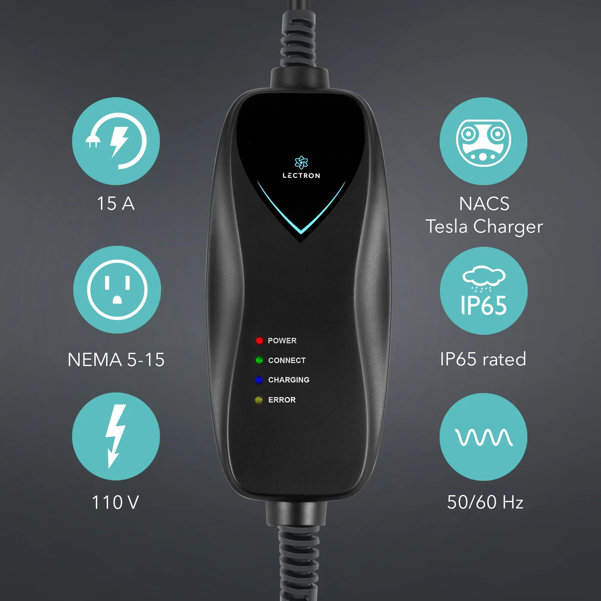 Lectron LECHG5-15-15ATSLBLKUS Tesla Level 1 NEMA 5-15 Electric Vehicle (EV) Charger - up to 15A- 16' - Black - Image 9