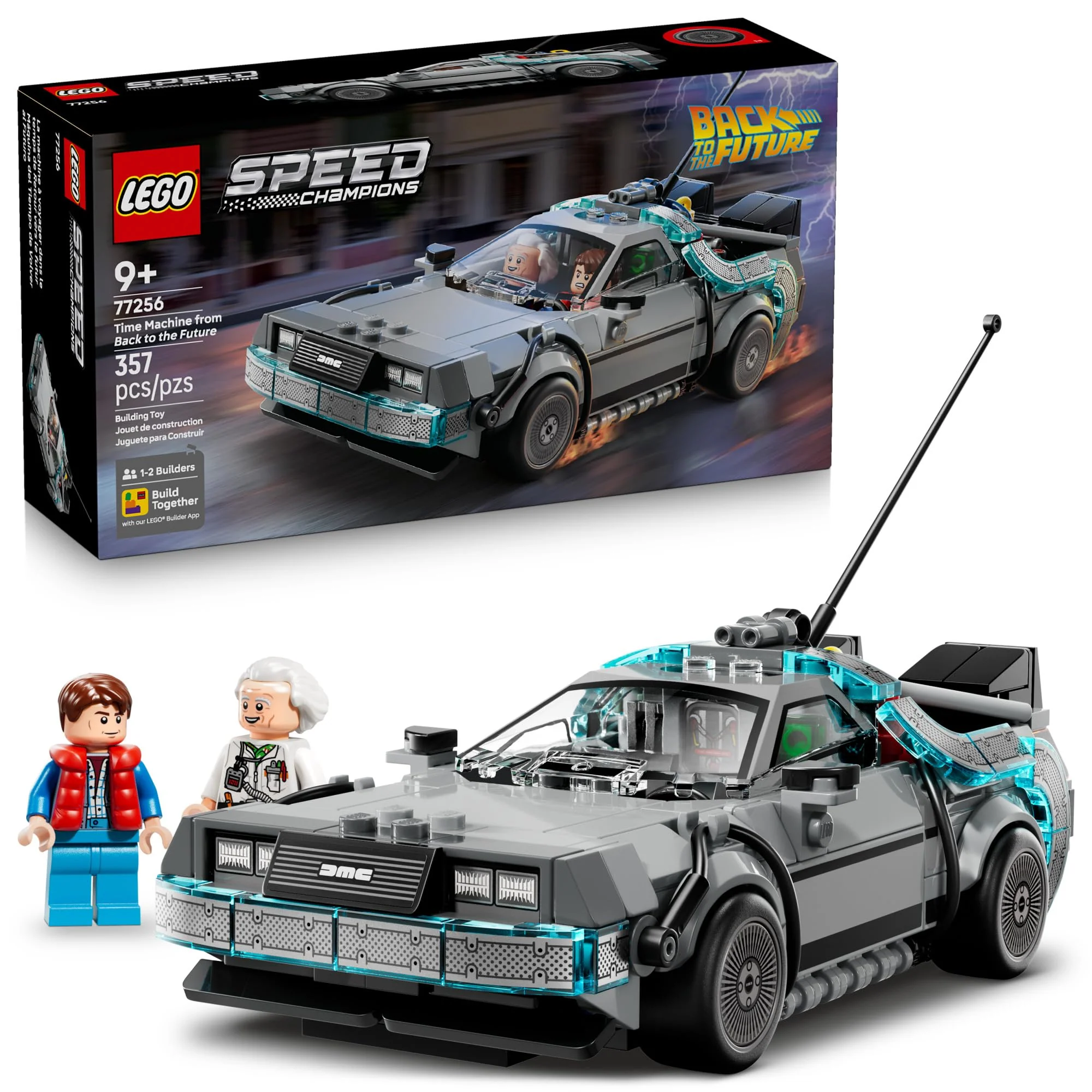 LEGO Speed Champions Time Machine from Back to the Future, Dual Build Modes, 357 Pieces, Includes Doc Brown and Marty McFly Minifigures, Ages 9+, Model 77256