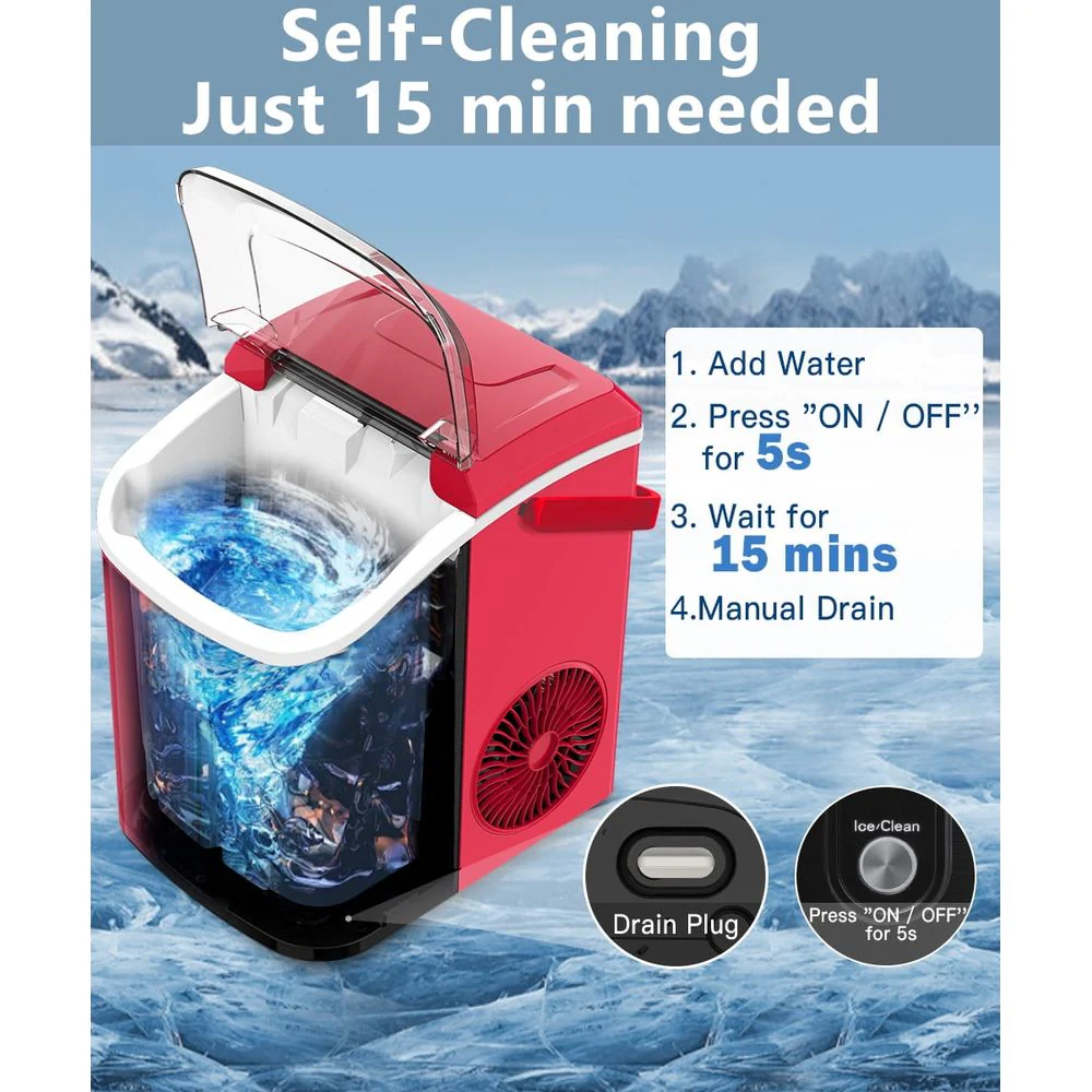 LHRIVER HZB-15N-LH-RDN2 35lbs Countertop Ice Maker, Crushed Nugget Ice Type with Scoop, Red - Image 5