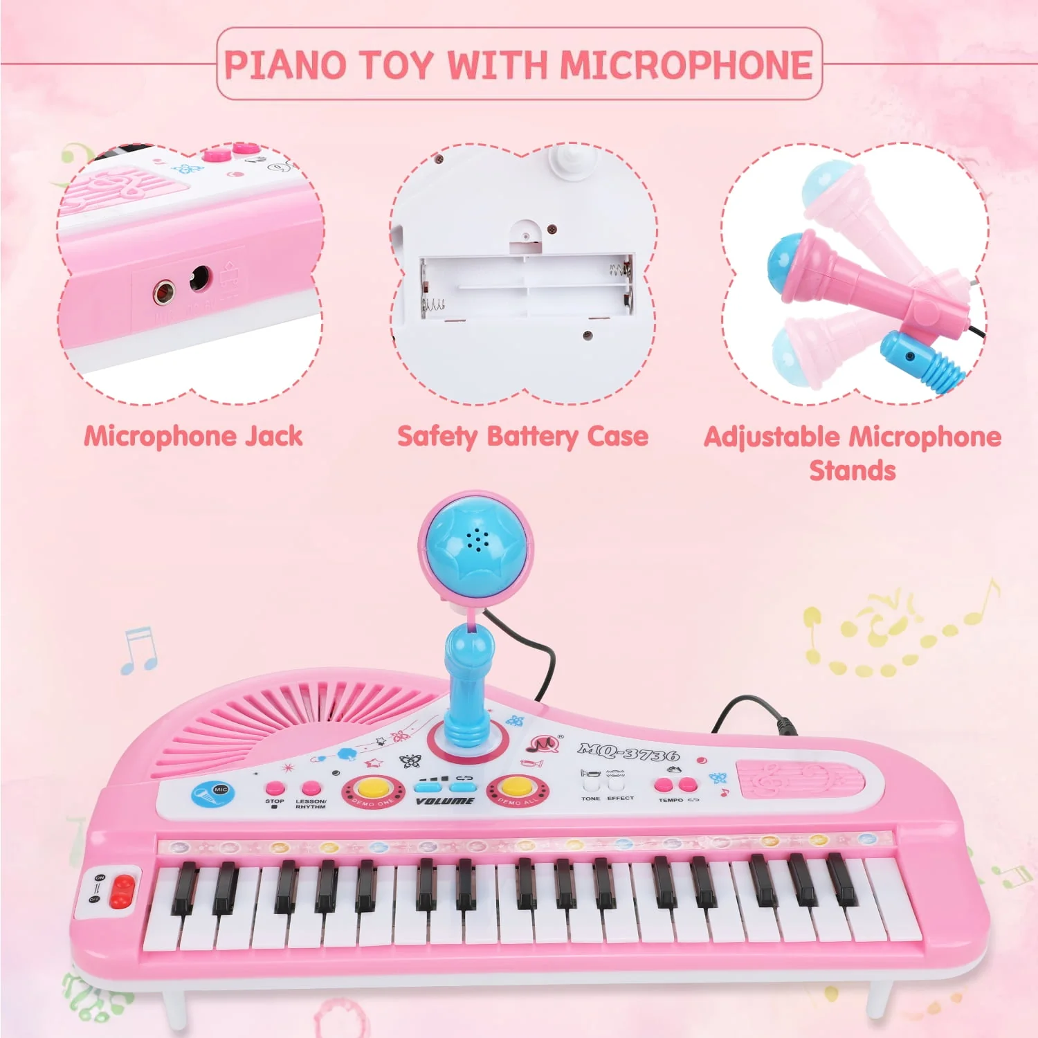 Lictin GYH0078 Toddlers Piano Keyboard Instrument with Microphone, 37 Keys Piano Toys, Pink - Image 2