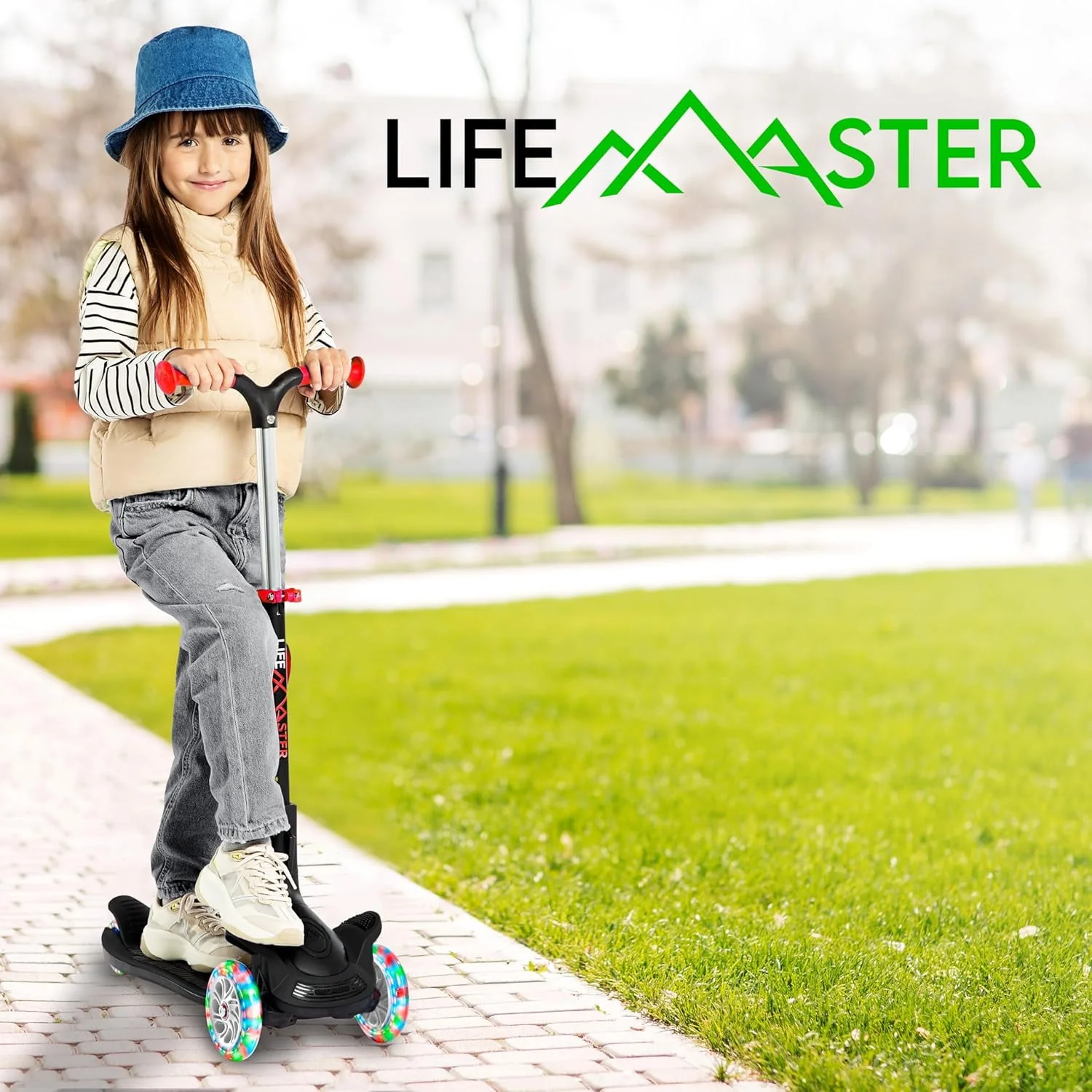 Lifemaster 3 Wheel Kids Scooter with Foldable Seat, Adjustable Handlebar, Light-Up LED Wheels, Wide Anti-Slip Deck, Green, LIFMS55 - Image 6