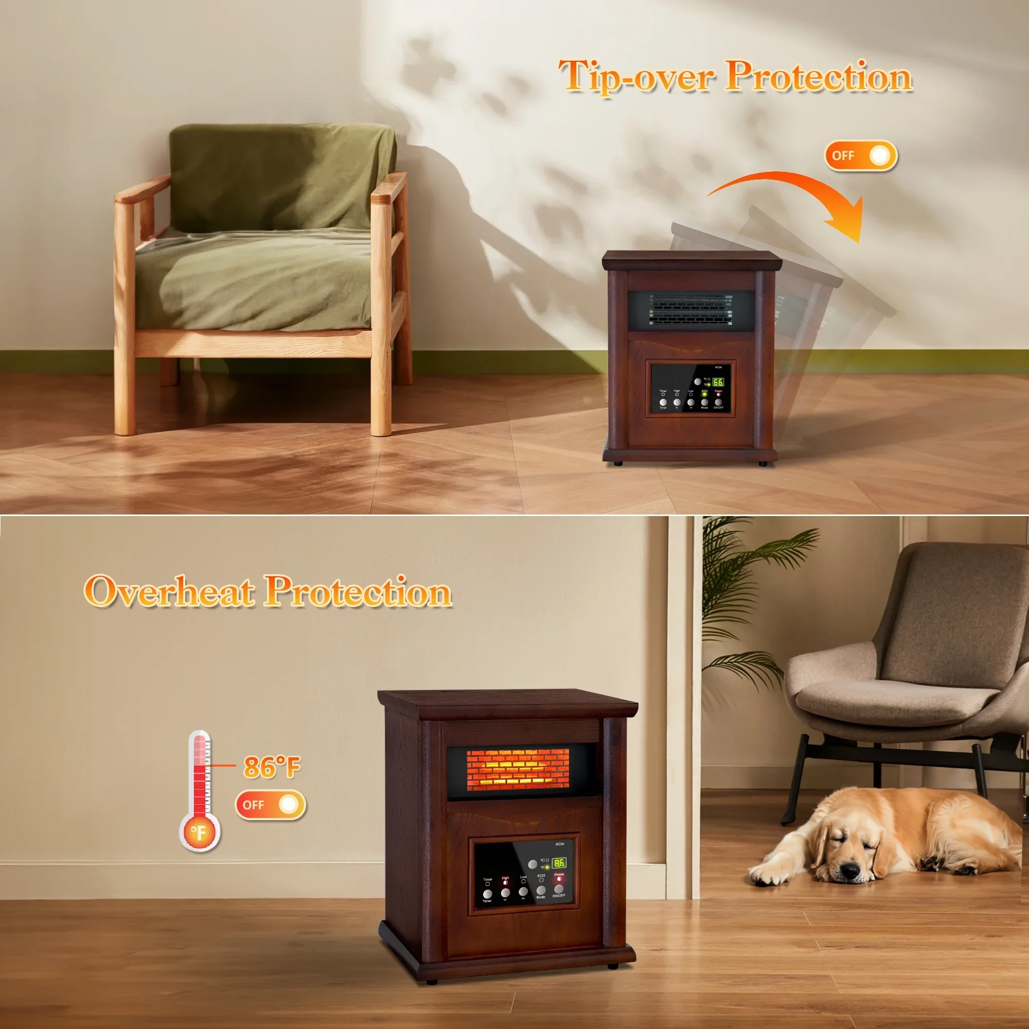 LifePlus GD9315BCW-3 Space Heater Infrared Quartz Electric Heaters 1500W Portable Wood with Remote - Image 2