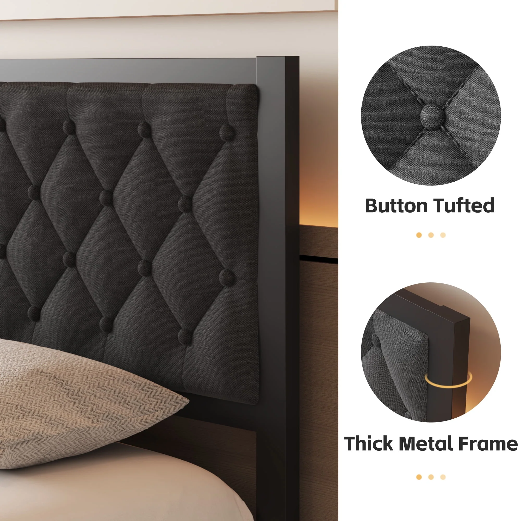 Lifezone Queen Bed Frame with Tufted Linen Upholstered Headboard, Metal Support, No Box Spring Needed, Grey - Image 5