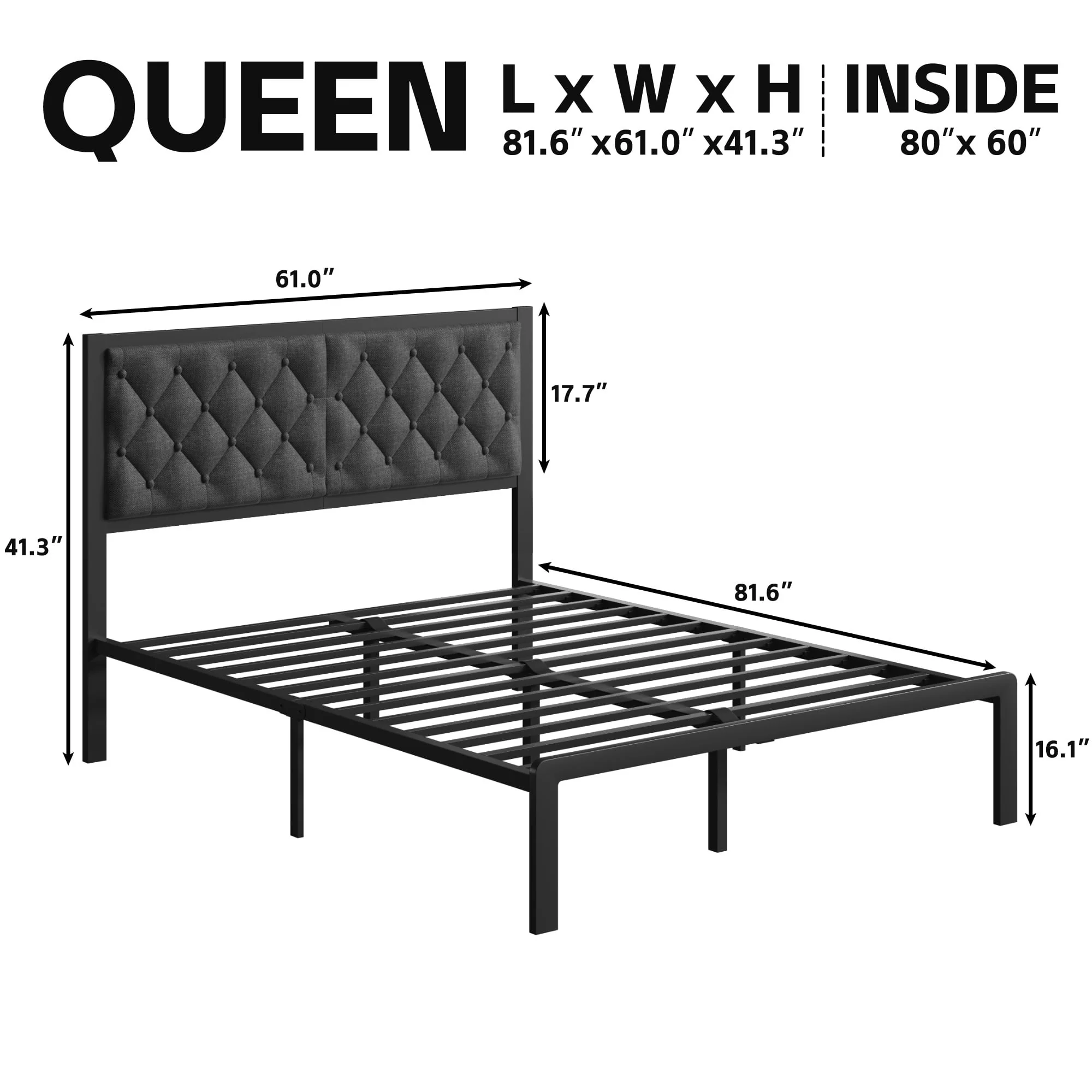 Lifezone Queen Bed Frame with Tufted Linen Upholstered Headboard, Metal Support, No Box Spring Needed, Grey - Image 6