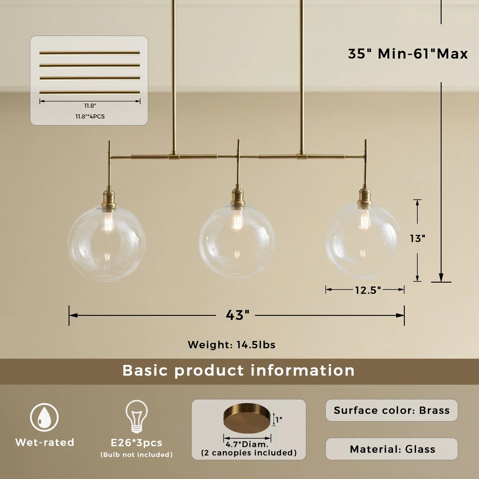 Lily & Georgia Modern Glam Linear Globe Chandelier, Mid-century inspiration, Chandelier - Energy Efficient - Image 2