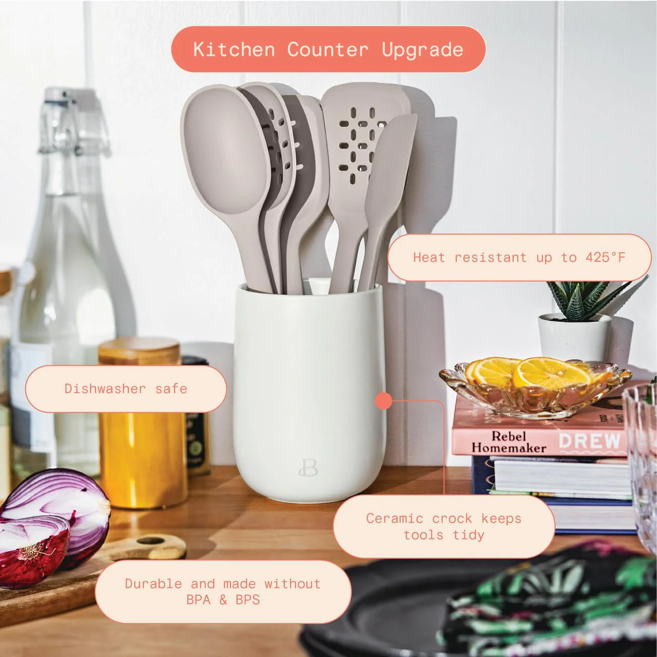 Made by Gather Beautiful 6-Piece Silicone Cooking Utensil Set with Ceramic Crock, Porcini Taupe, Heat Resistant up to 425F, BPA-Free, 19653 - Image 3