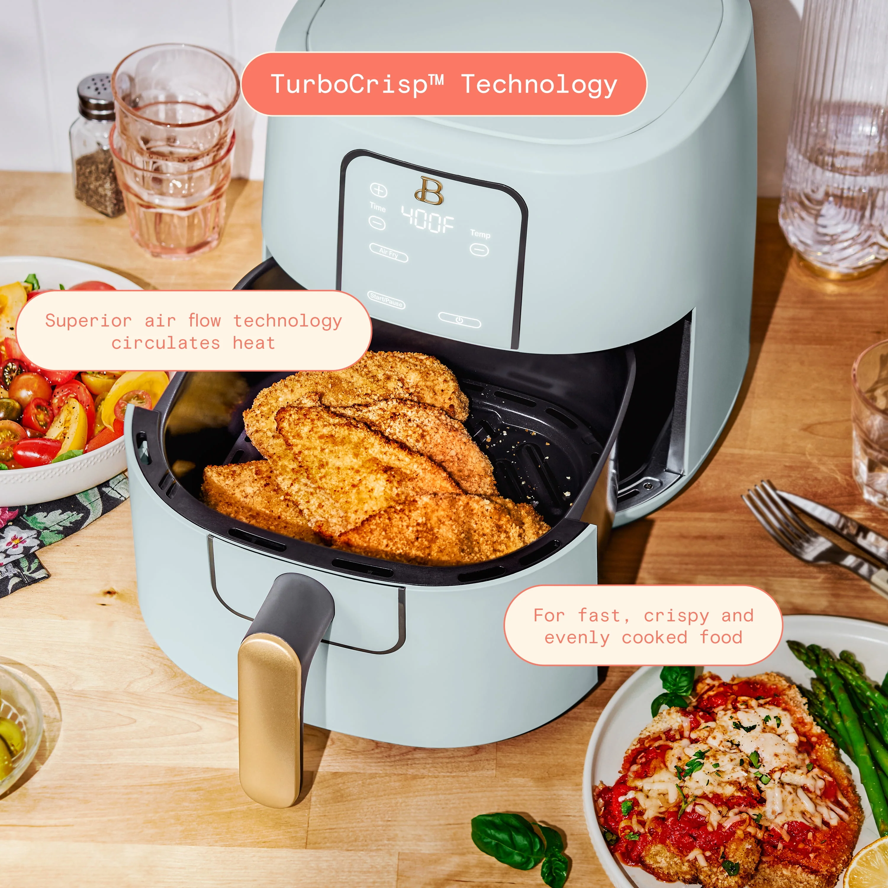 Made By Gather Beautiful 6 Qt Air Fryer with TurboCrisp Technology, EverGood Ceramic Nonstick Coating, Sage Green, 29457 - Image 2