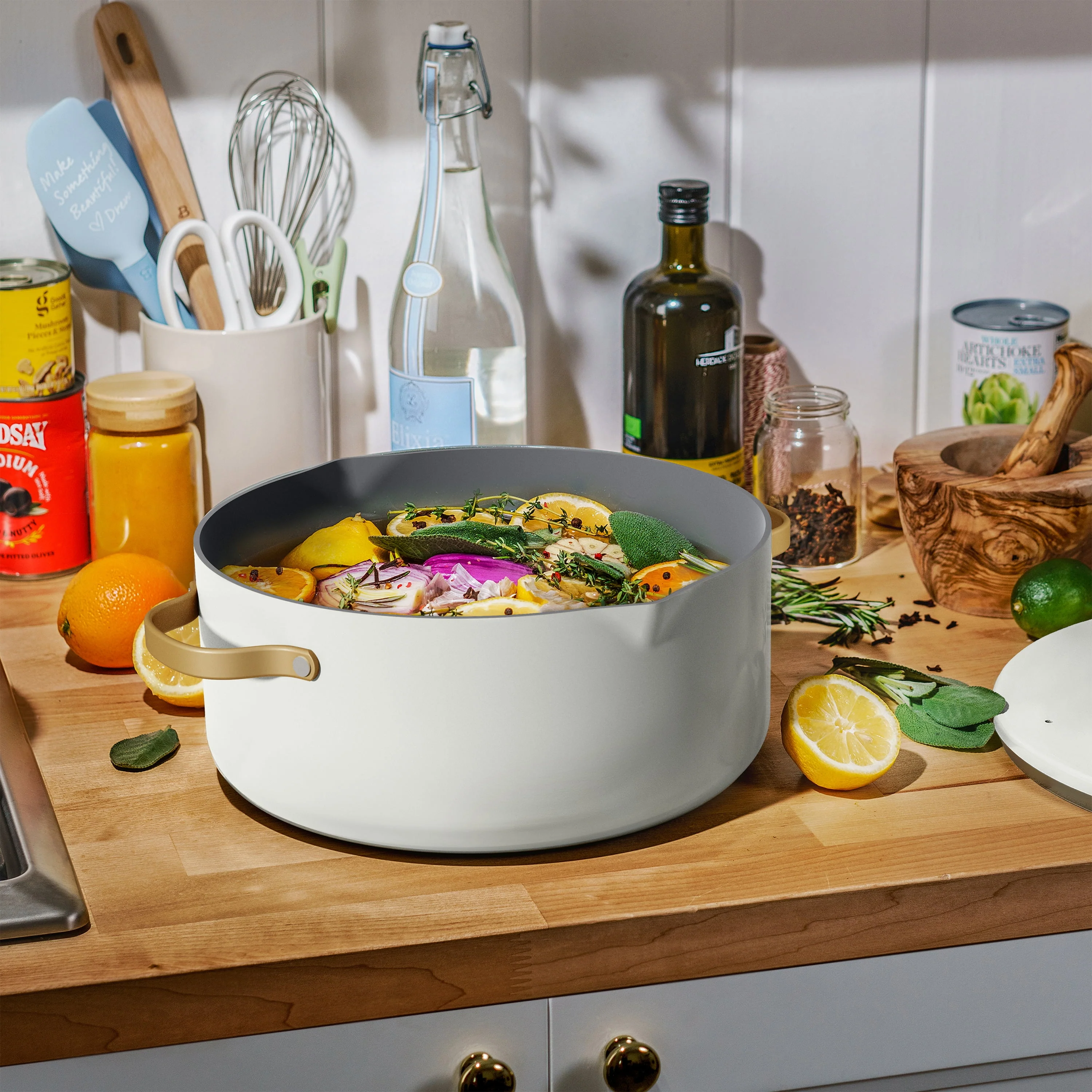 Made By Gather Beautiful 8 Quart Ceramic Non-Stick Stock Pot with Strainer Lid, White Icing - Image 2
