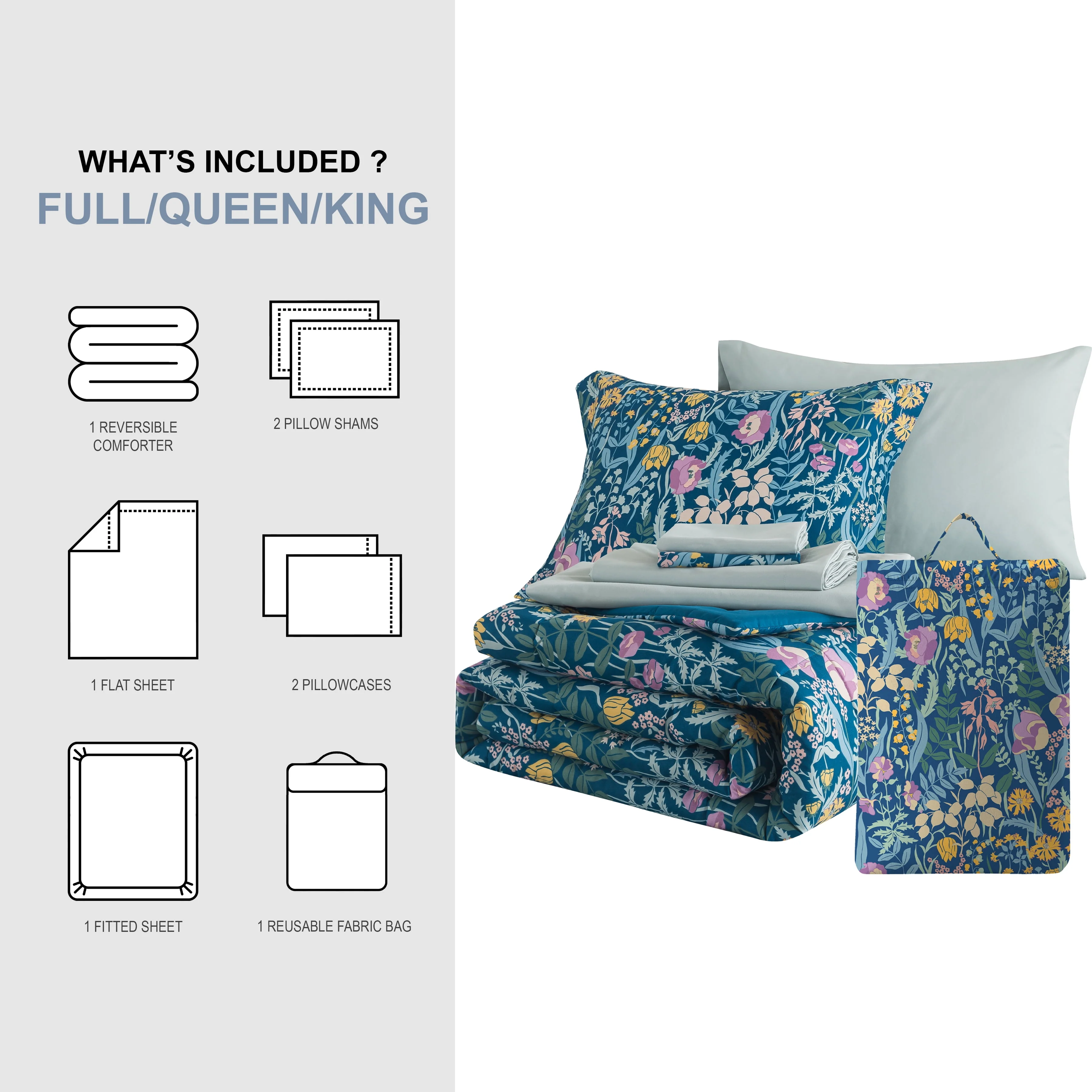 Mainstays MS8502263422-03 7-Piece Reversible Bed in a Bag Comforter Set, Blue Floral and Solid Blue, Queen - Image 3