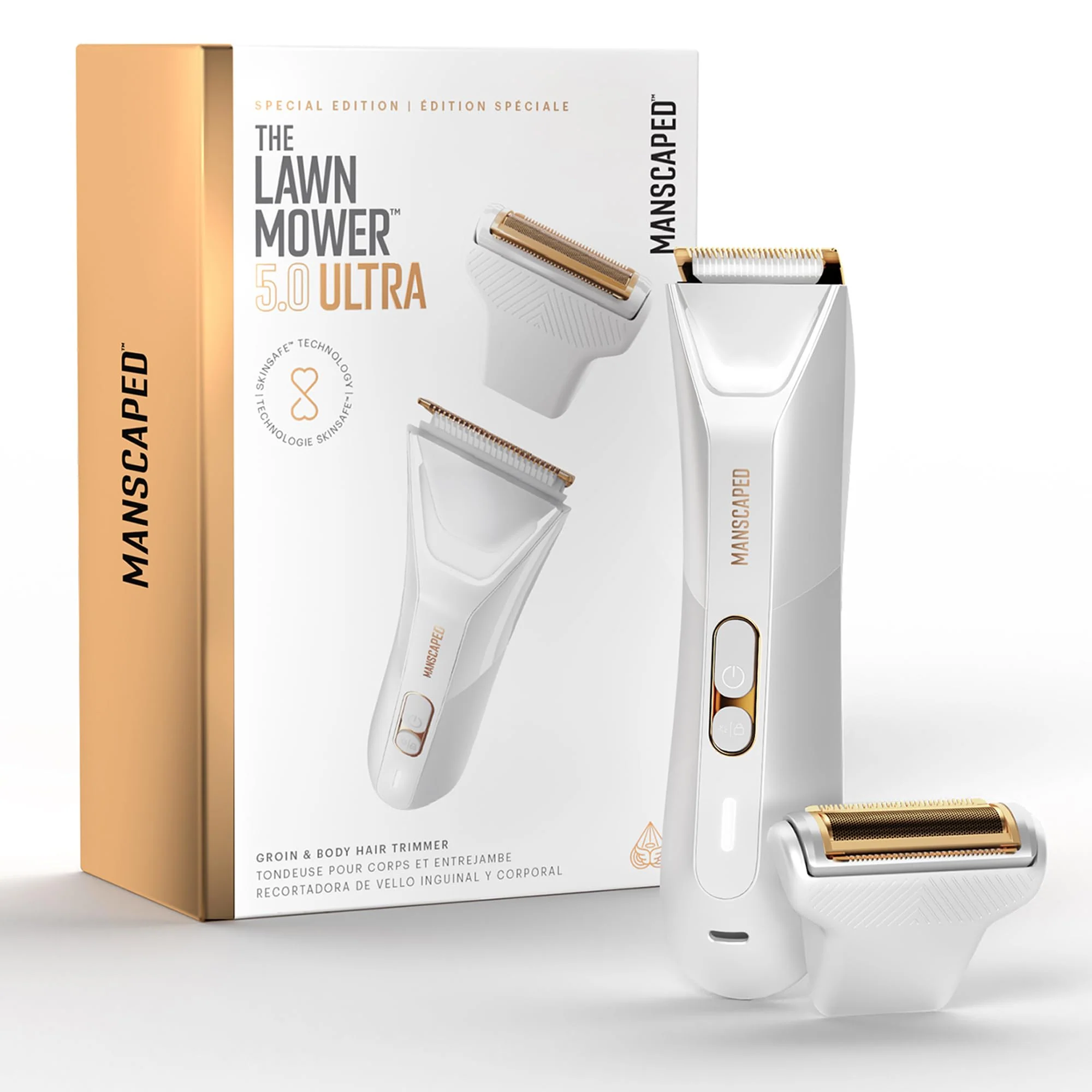 Manscaped The Lawn Mower 5.0 Ultra Electric Groin and Body Hair Trimmer, Dual-Head SkinSafe Blades, Waterproof, Dual-Temperature LED Lights, USB-C and Wireless Charging, White