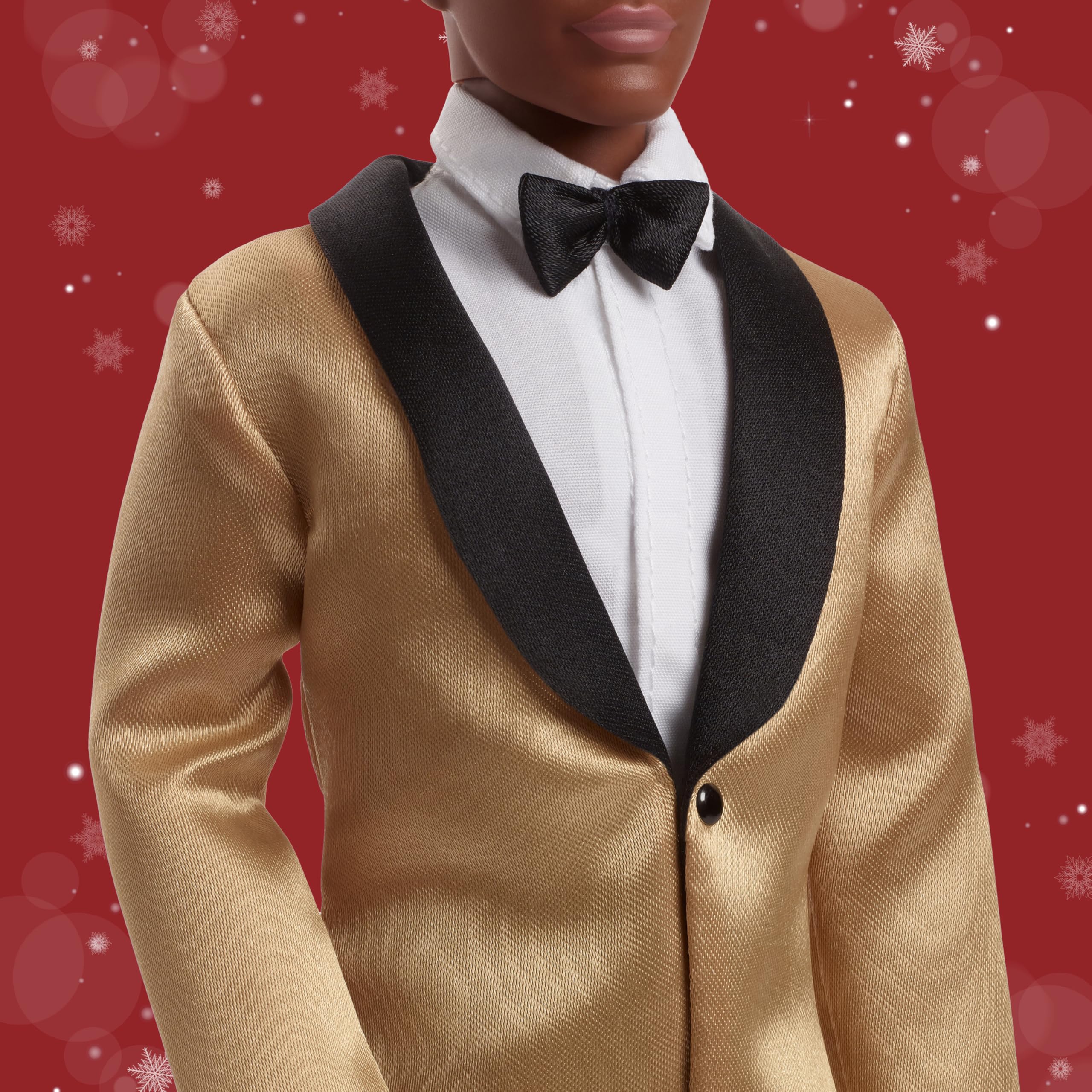 Mattel Barbie Signature 2025 Ken Holiday Doll, Dark Brown Hair, Golden Satin Jacket, Black Pants, Display Stand, Collectible - Image 3