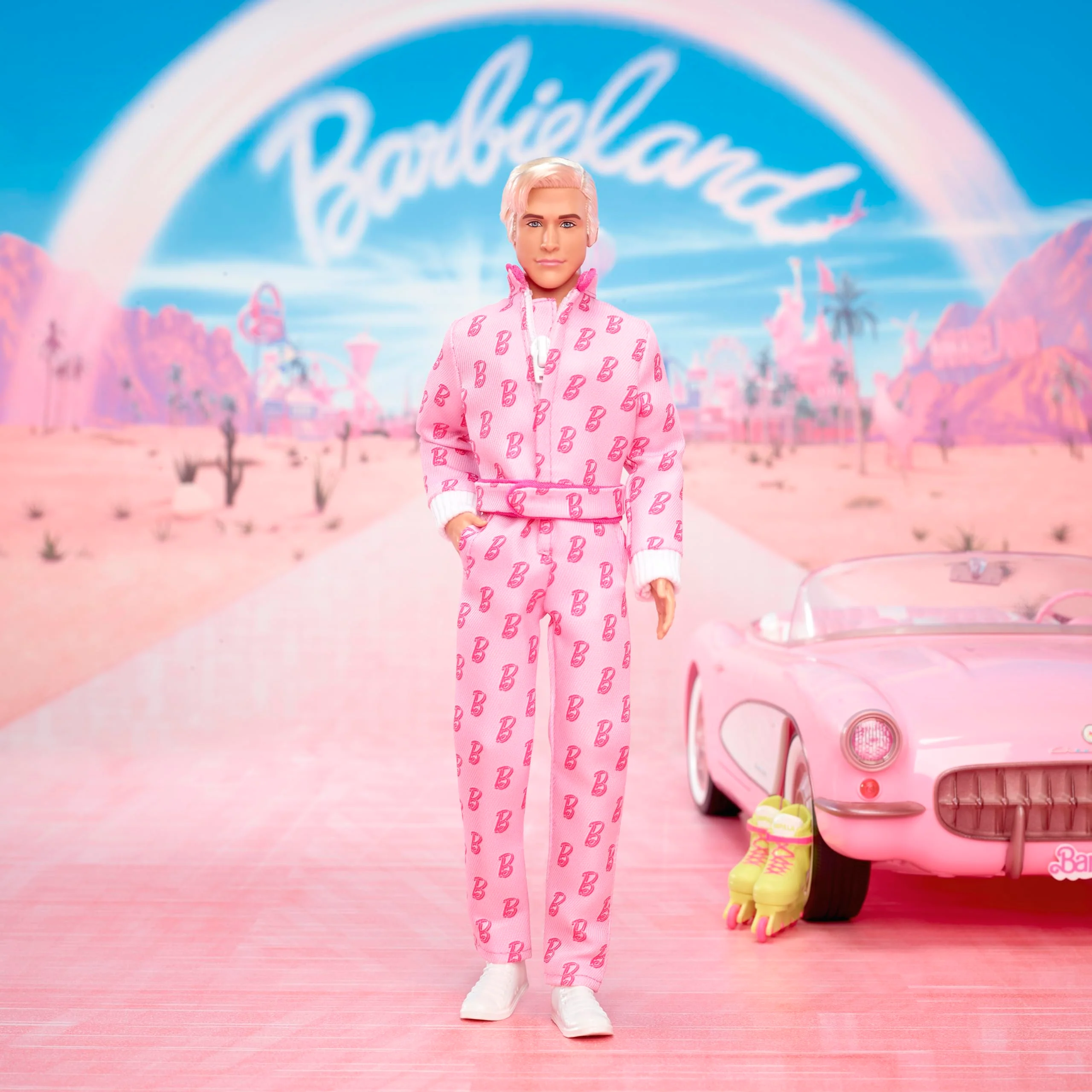 Mattel Barbie The Movie Ken Collectible Doll, Ryan Gosling as Ken, Pink Jumpsuit with B Detail, White Sneakers, Multicolor Roller Skates, Display Stand, JCP80 - Image 2