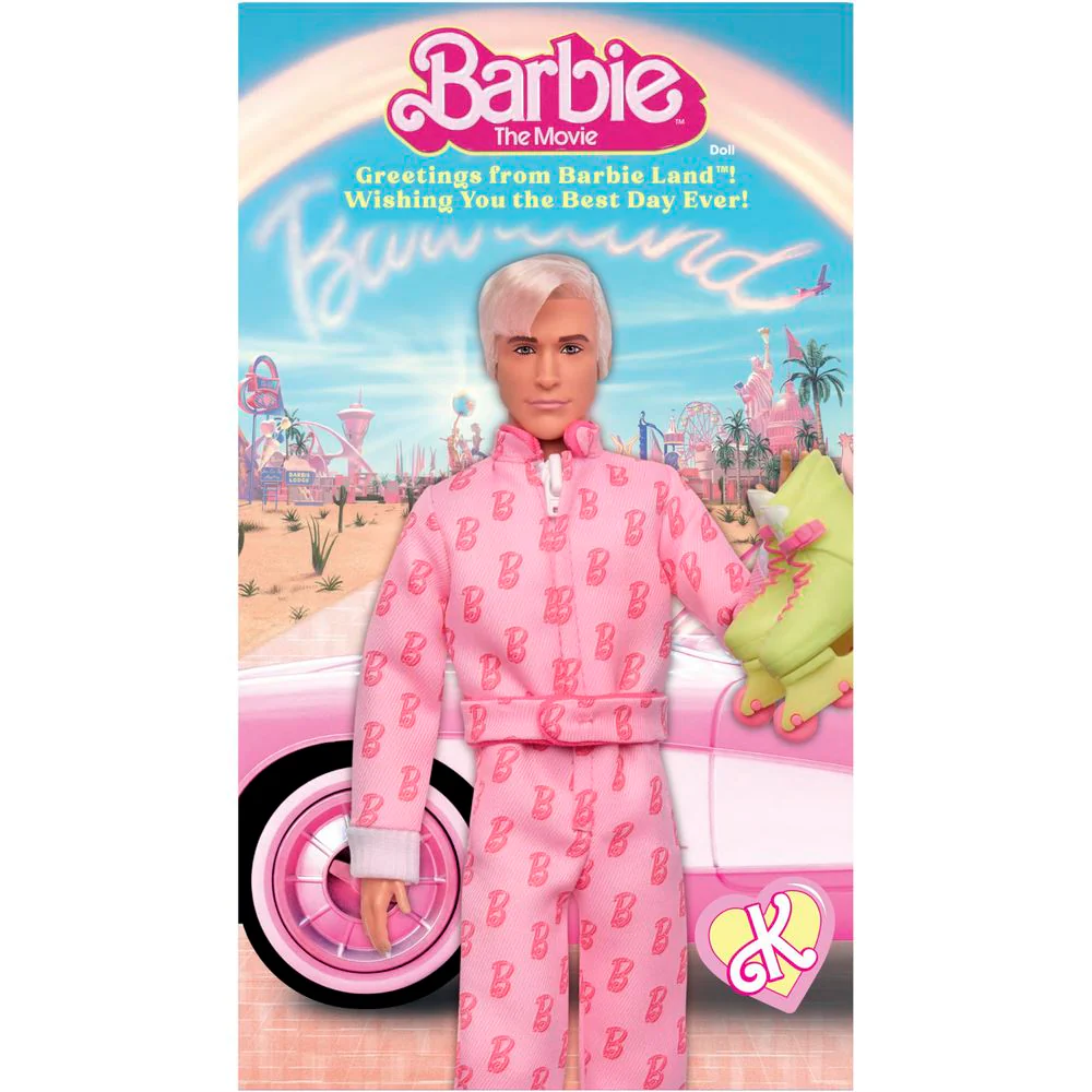 Mattel Barbie The Movie Ken Collectible Doll, Ryan Gosling as Ken, Pink Jumpsuit with B Detail, White Sneakers, Multicolor Roller Skates, Display Stand, JCP80 - Image 6