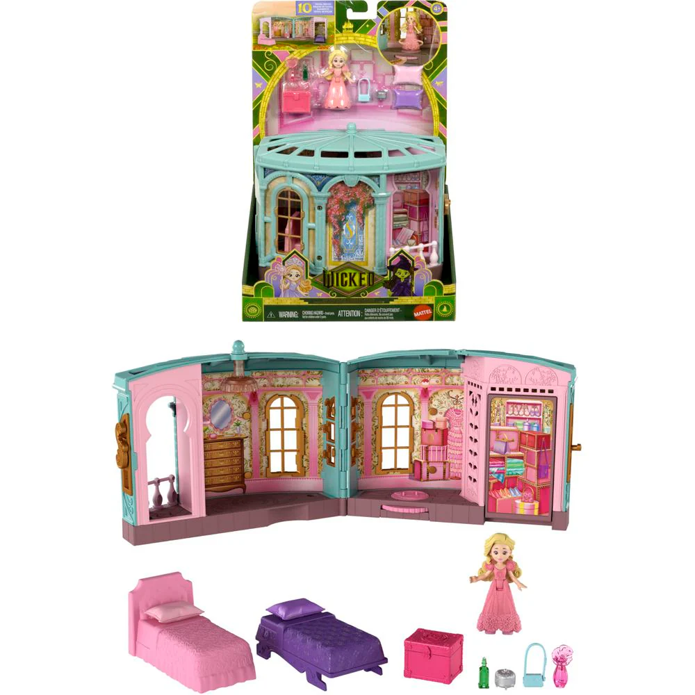 Mattel Wicked So Popular Dorm Playset with 2.75-Inch Glinda Doll, 3 Play Spaces, 9 Accessories, Movable Arms, JFM21