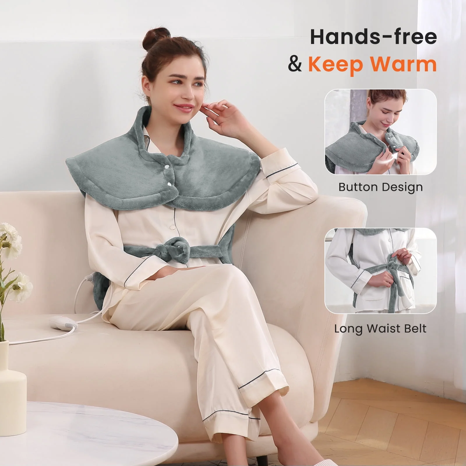 MaxKare Large Heating Pad, Contoured Design for Back, Neck, and Shoulders, 24"x33", 4 Heat Settings, Adjustable Strap, Auto Shut-Off, Gray - Image 2
