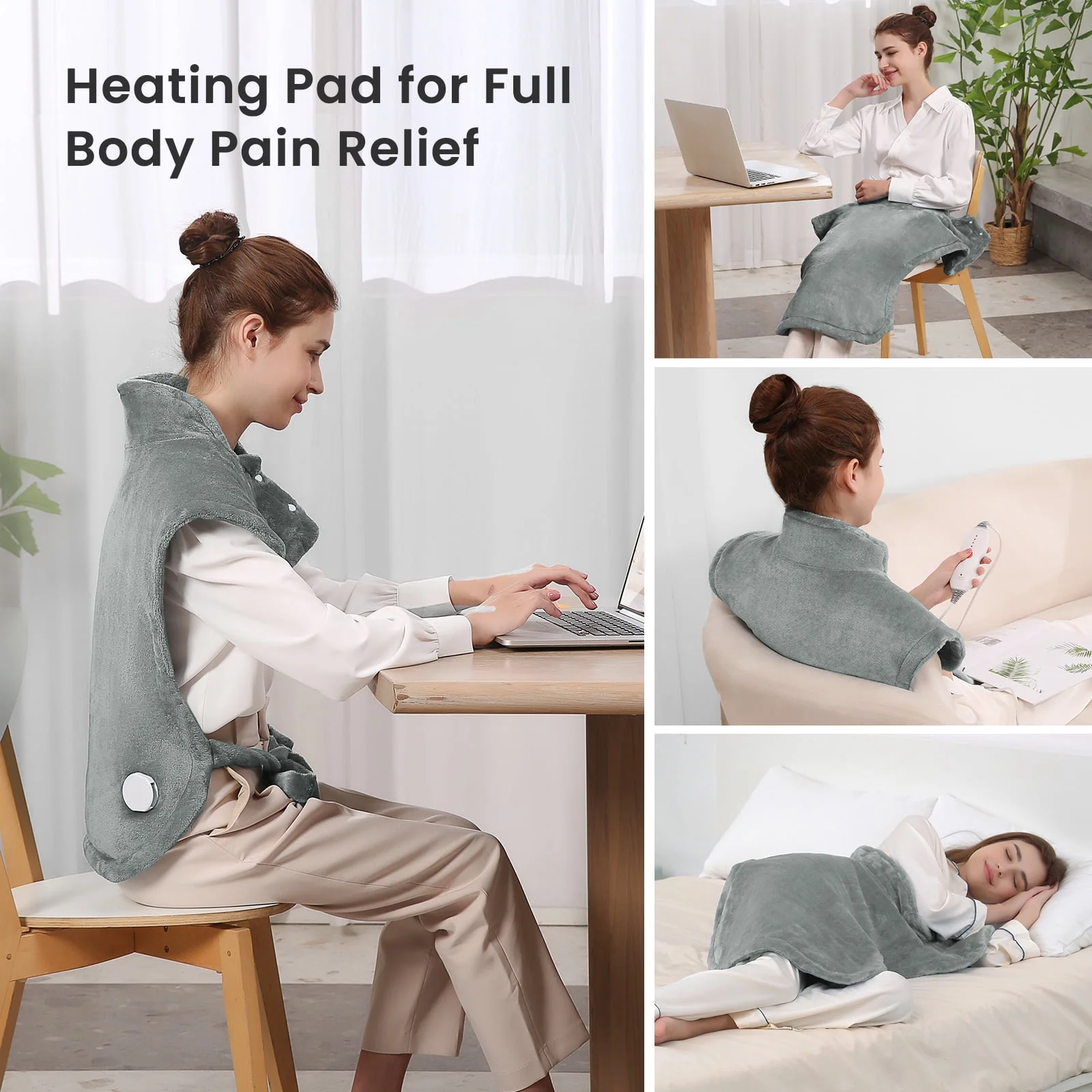 MaxKare Large Heating Pad, Contoured Design for Back, Neck, and Shoulders, 24"x33", 4 Heat Settings, Adjustable Strap, Auto Shut-Off, Gray - Image 3