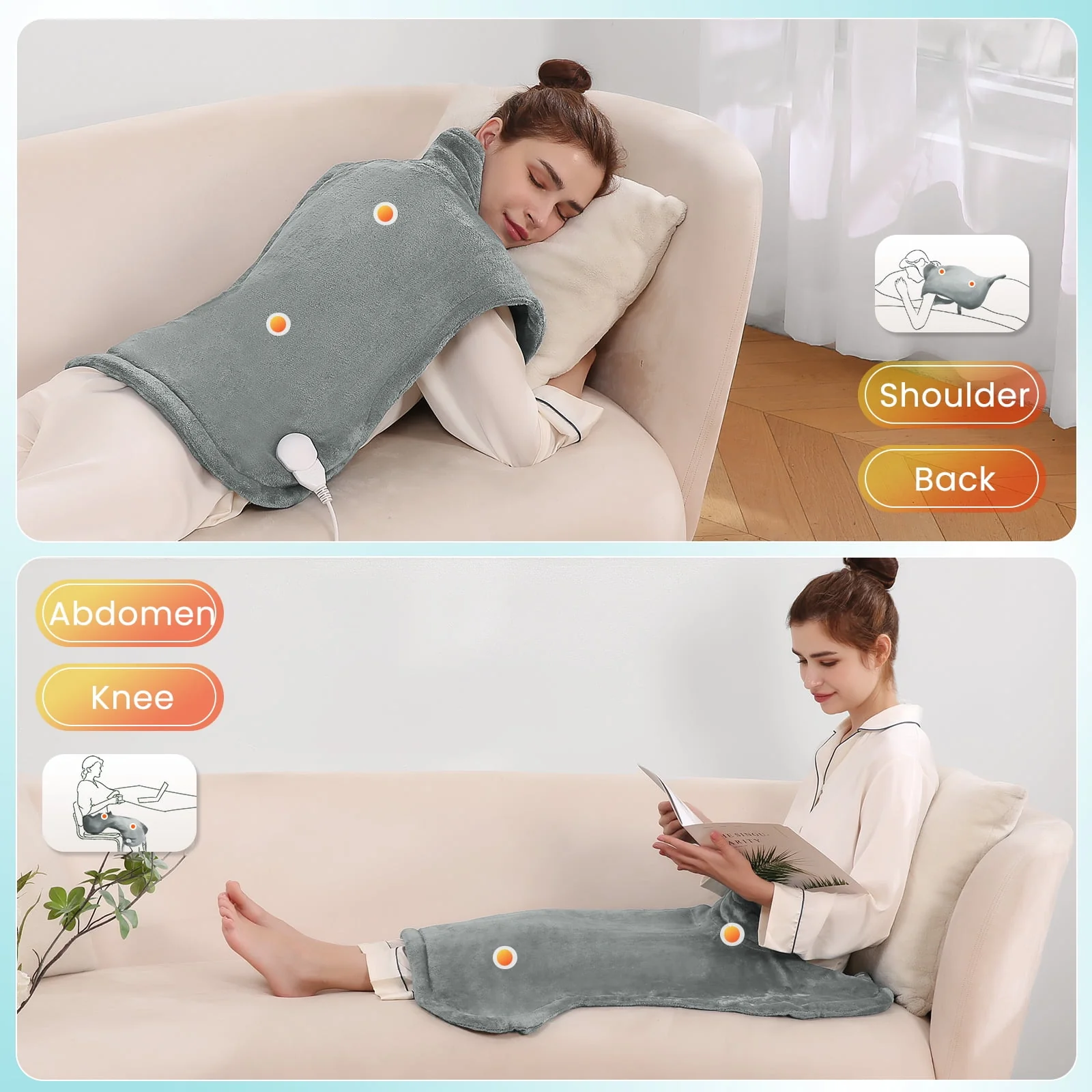 MaxKare Large Heating Pad, Contoured Design for Back, Neck, and Shoulders, 24"x33", 4 Heat Settings, Adjustable Strap, Auto Shut-Off, Gray - Image 4