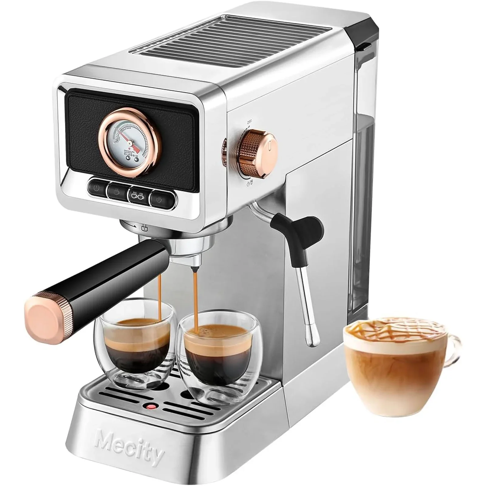 Mecity CM5203AY-UL 20 Bar Espresso Machine with Milk Frother Brushed Stainless Steel Shell 37 fl.Oz Water Rese