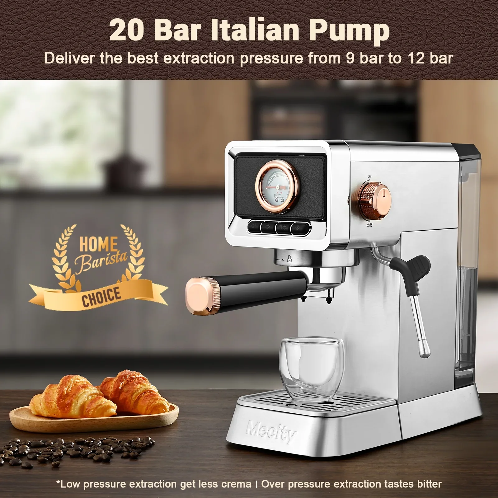 Mecity CM5203AY-UL 20 Bar Espresso Machine with Milk Frother Brushed Stainless Steel Shell 37 fl.Oz Water Rese - Image 3